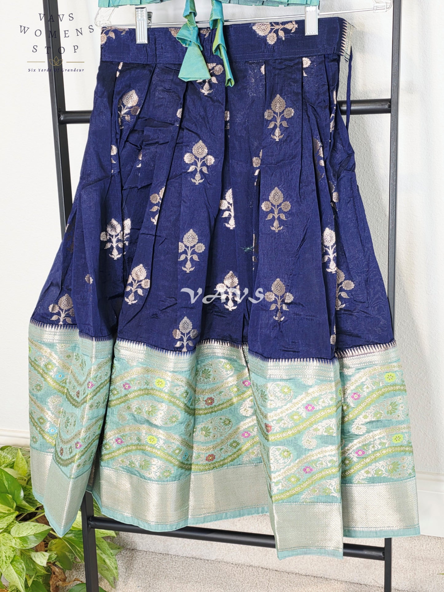 Royal Midnight Navy & Aqua Mint Benarasi Lehenga with Designer Puff Sleeves Blouse Set for Girls Ages 5 - 6
