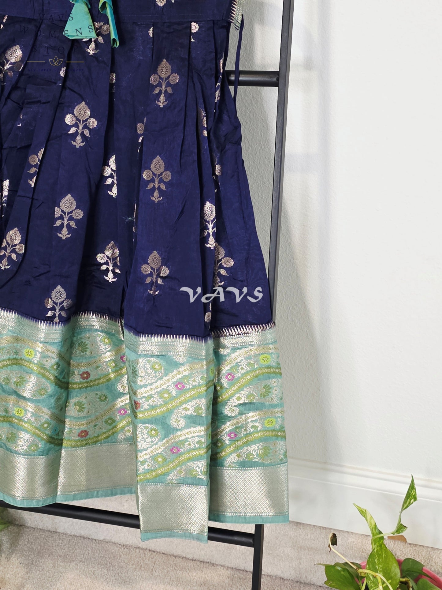 Royal Midnight Navy & Aqua Mint Benarasi Lehenga with Designer Puff Sleeves Blouse Set for Girls Ages 5 - 6