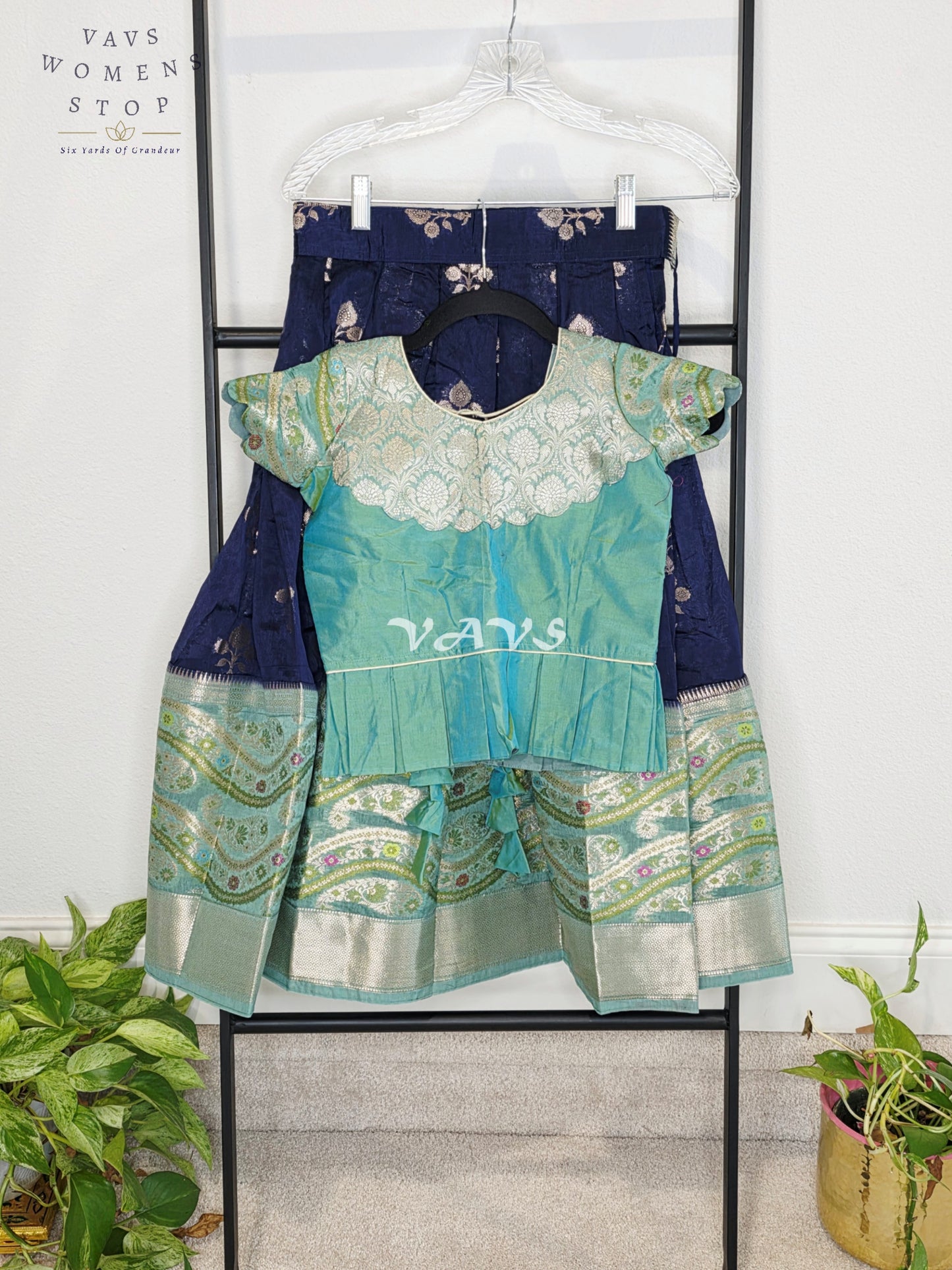 Royal Midnight Navy & Aqua Mint Benarasi Lehenga with Designer Puff Sleeves Blouse Set for Girls Ages 5 - 6
