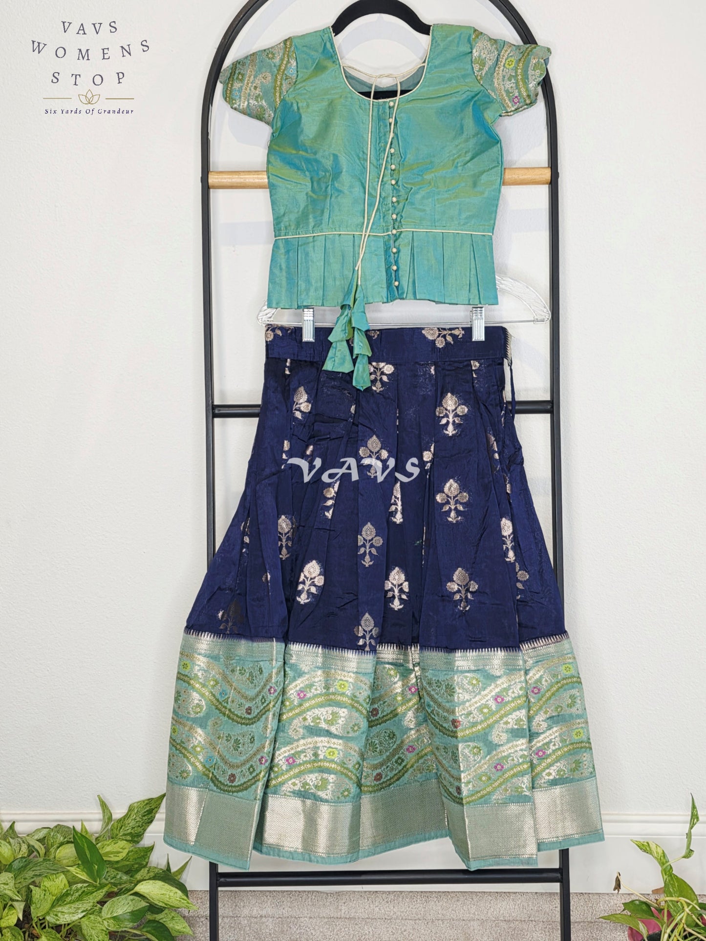 Royal Midnight Navy & Aqua Mint Benarasi Lehenga with Designer Puff Sleeves Blouse Set for Girls Ages 5 - 6