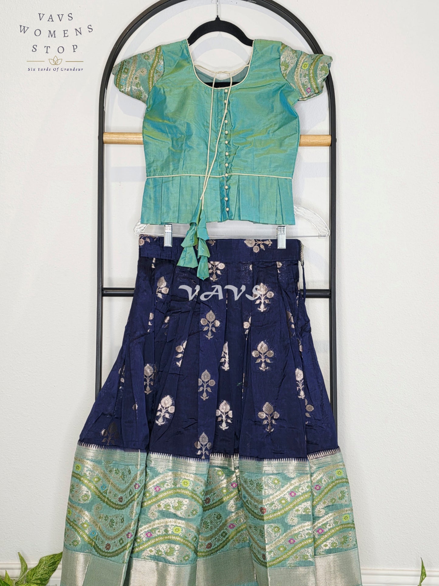 Royal Midnight Navy & Aqua Mint Benarasi Lehenga with Designer Puff Sleeves Blouse Set for Girls Ages 5 - 6