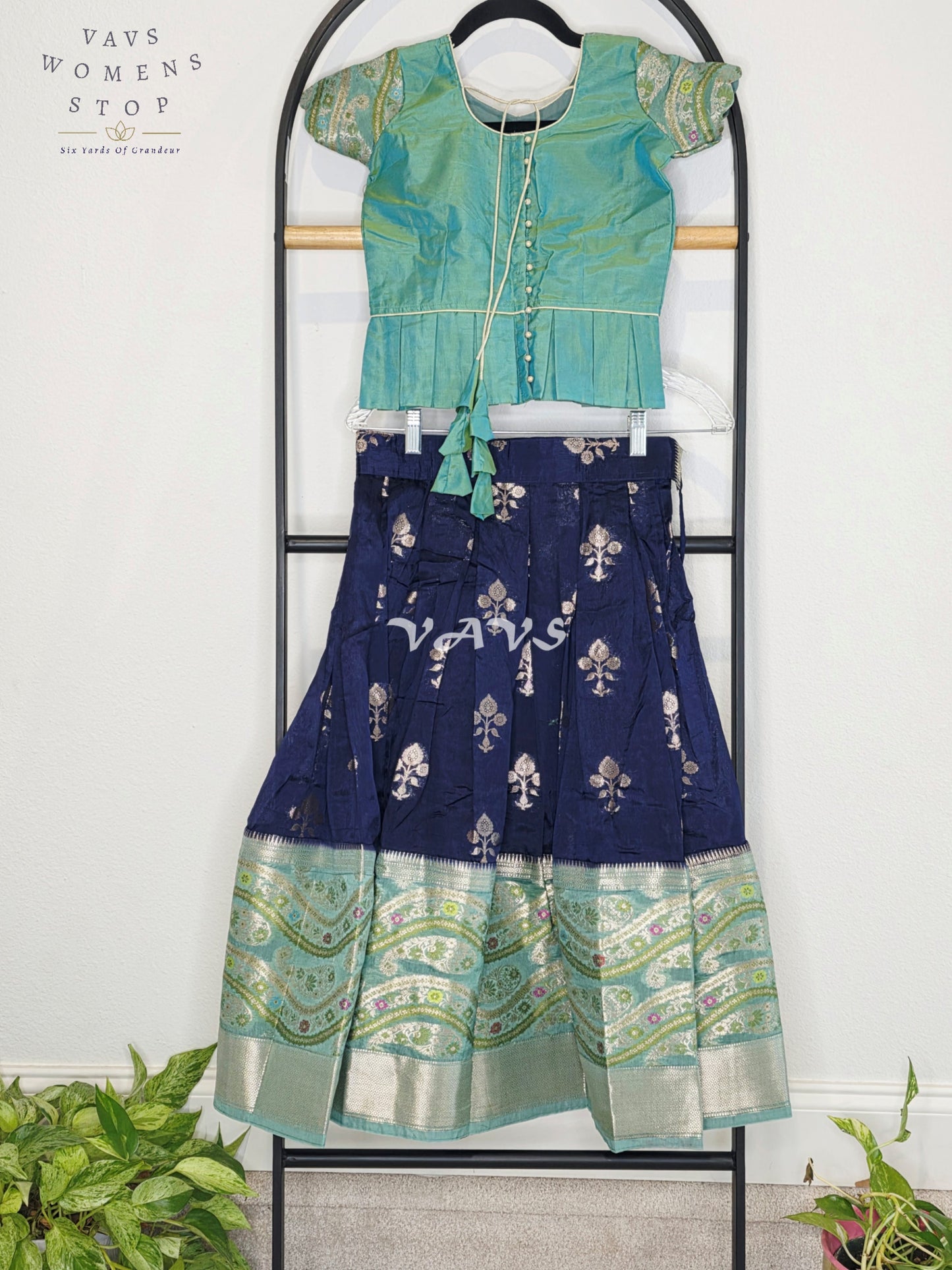 Royal Midnight Navy & Aqua Mint Benarasi Lehenga with Designer Puff Sleeves Blouse Set for Girls Ages 5 - 6