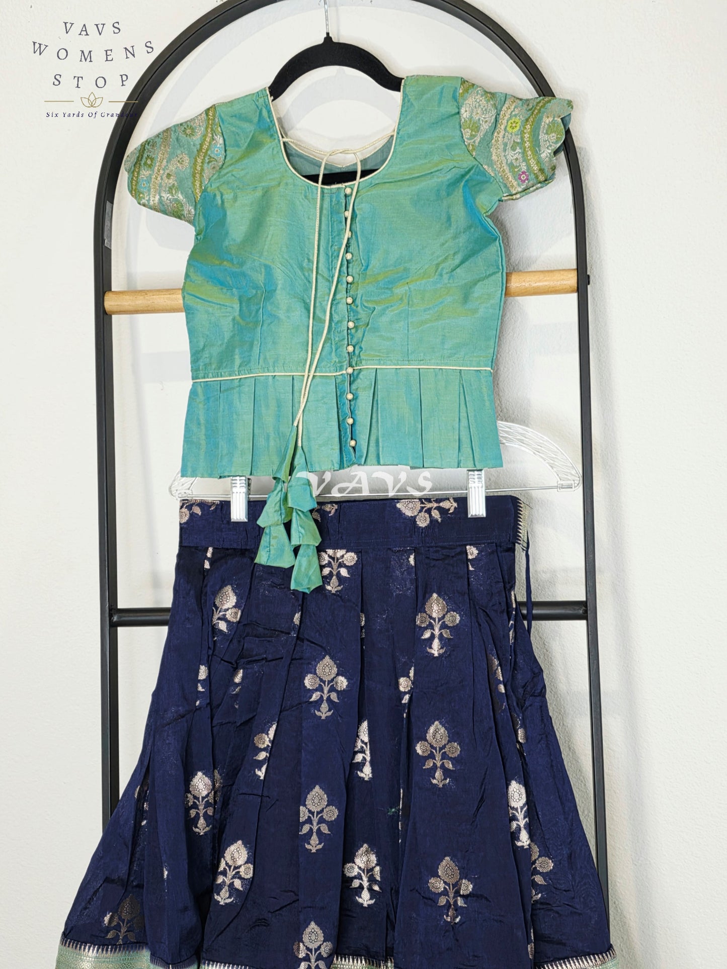 Royal Midnight Navy & Aqua Mint Benarasi Lehenga with Designer Puff Sleeves Blouse Set for Girls Ages 5 - 6