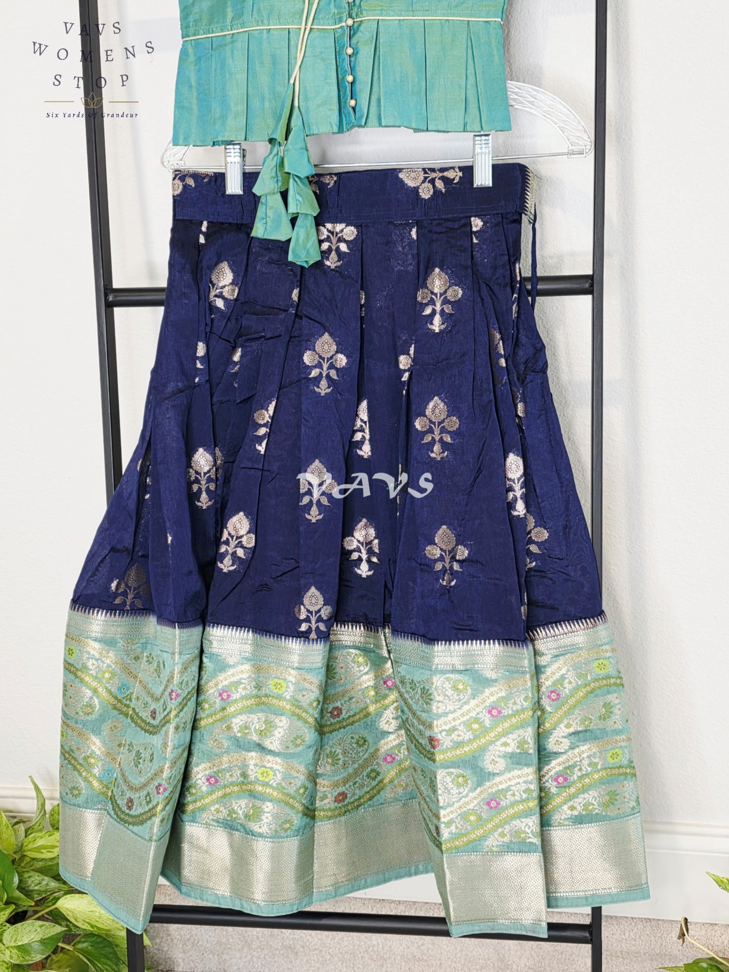 Royal Midnight Navy & Aqua Mint Benarasi Lehenga with Designer Puff Sleeves Blouse Set for Girls Ages 5 - 6