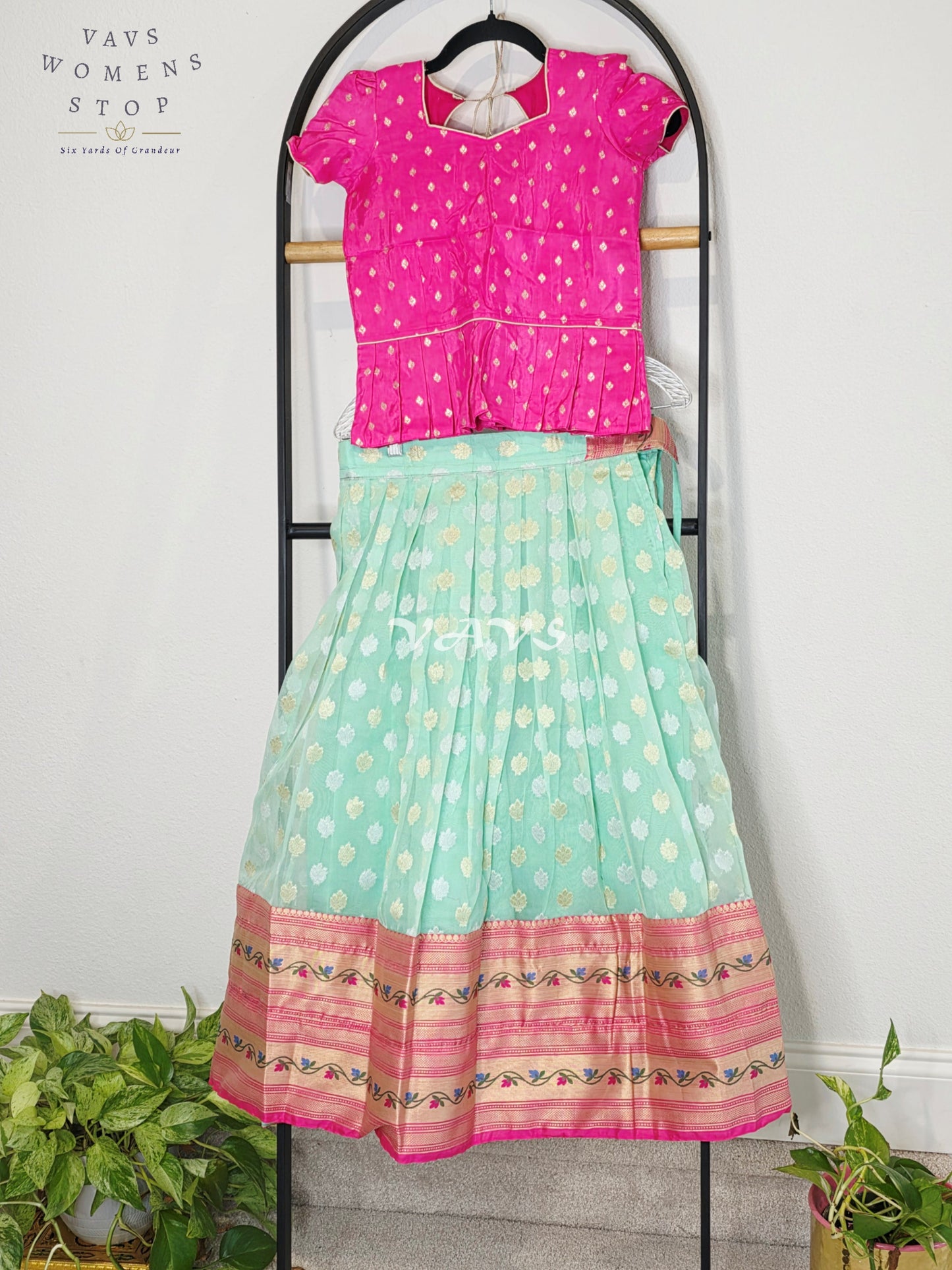 Royal Mint Aqua Organza Paithani Lehenga Set with Fuchsia Chinon Benarasi Blouse for Girls Ages 7–8