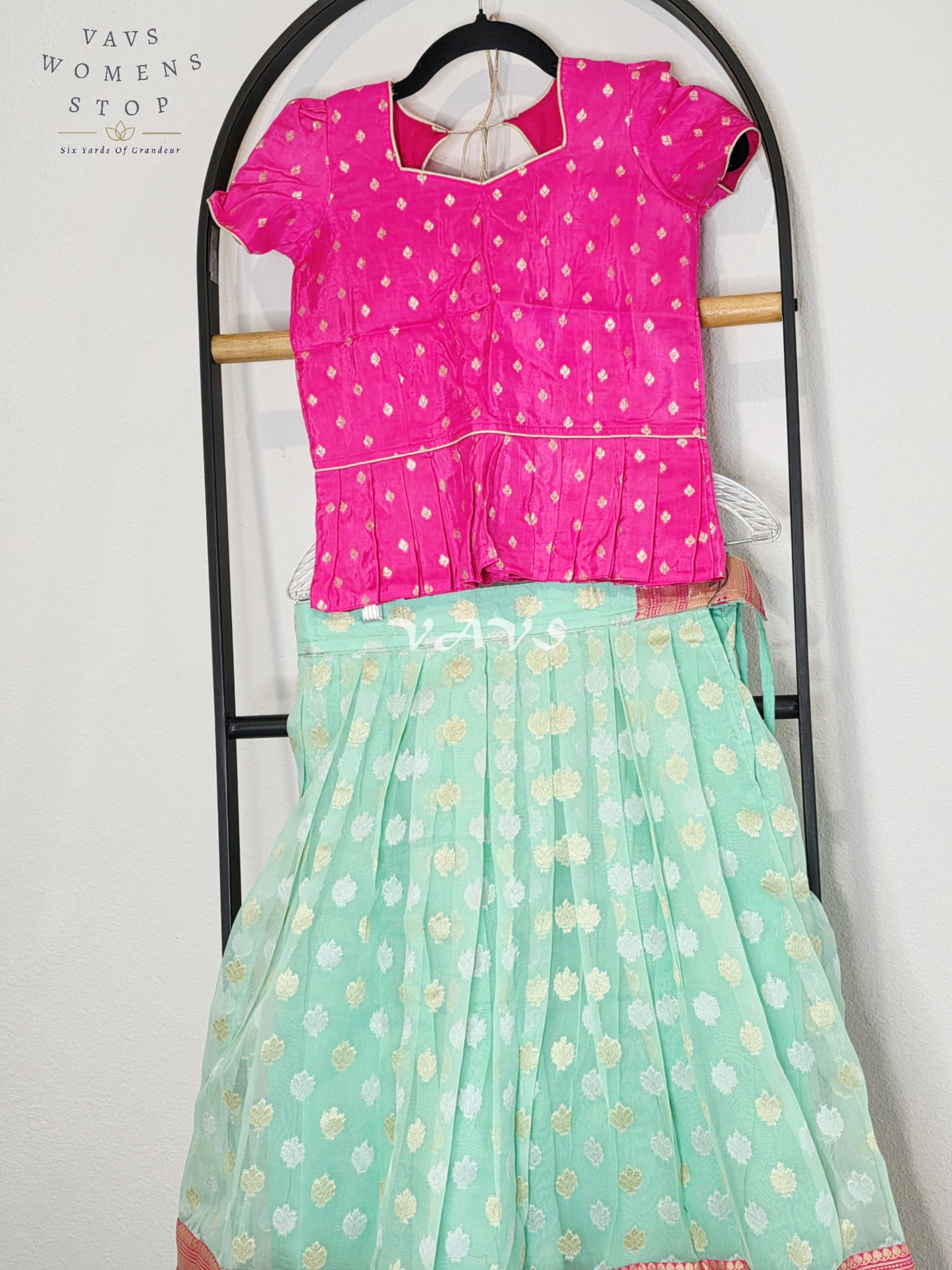 Royal Mint Aqua Organza Paithani Lehenga Set with Fuchsia Chinon Benarasi Blouse for Girls Ages 7–8