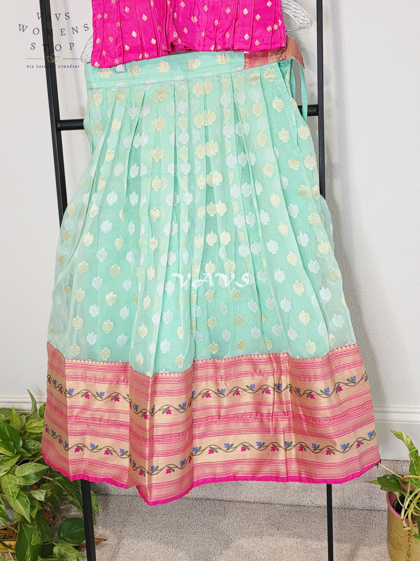 Royal Mint Aqua Organza Paithani Lehenga Set with Fuchsia Chinon Benarasi Blouse for Girls Ages 7–8