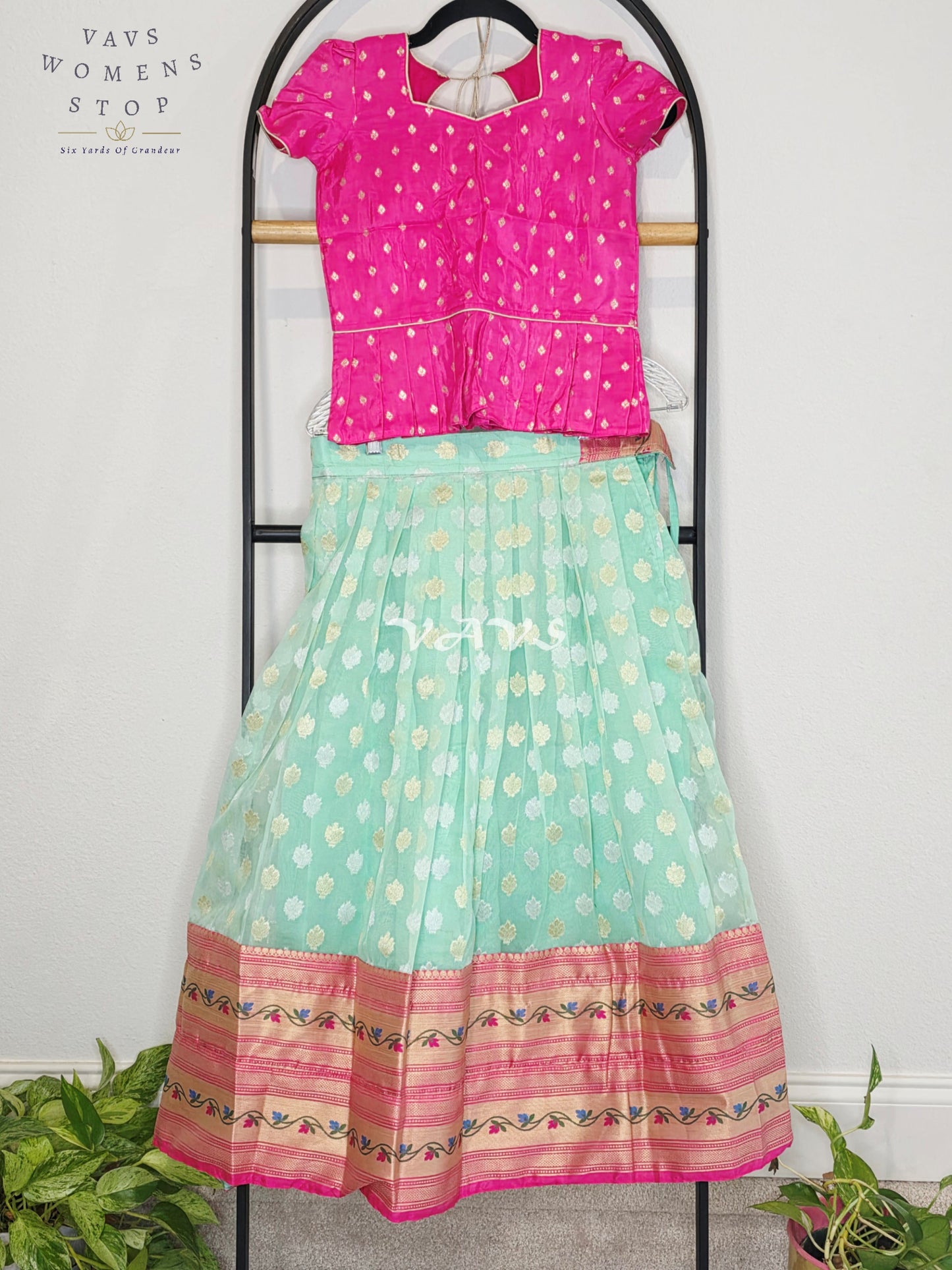Royal Mint Aqua Organza Paithani Lehenga Set with Fuchsia Chinon Benarasi Blouse for Girls Ages 7–8