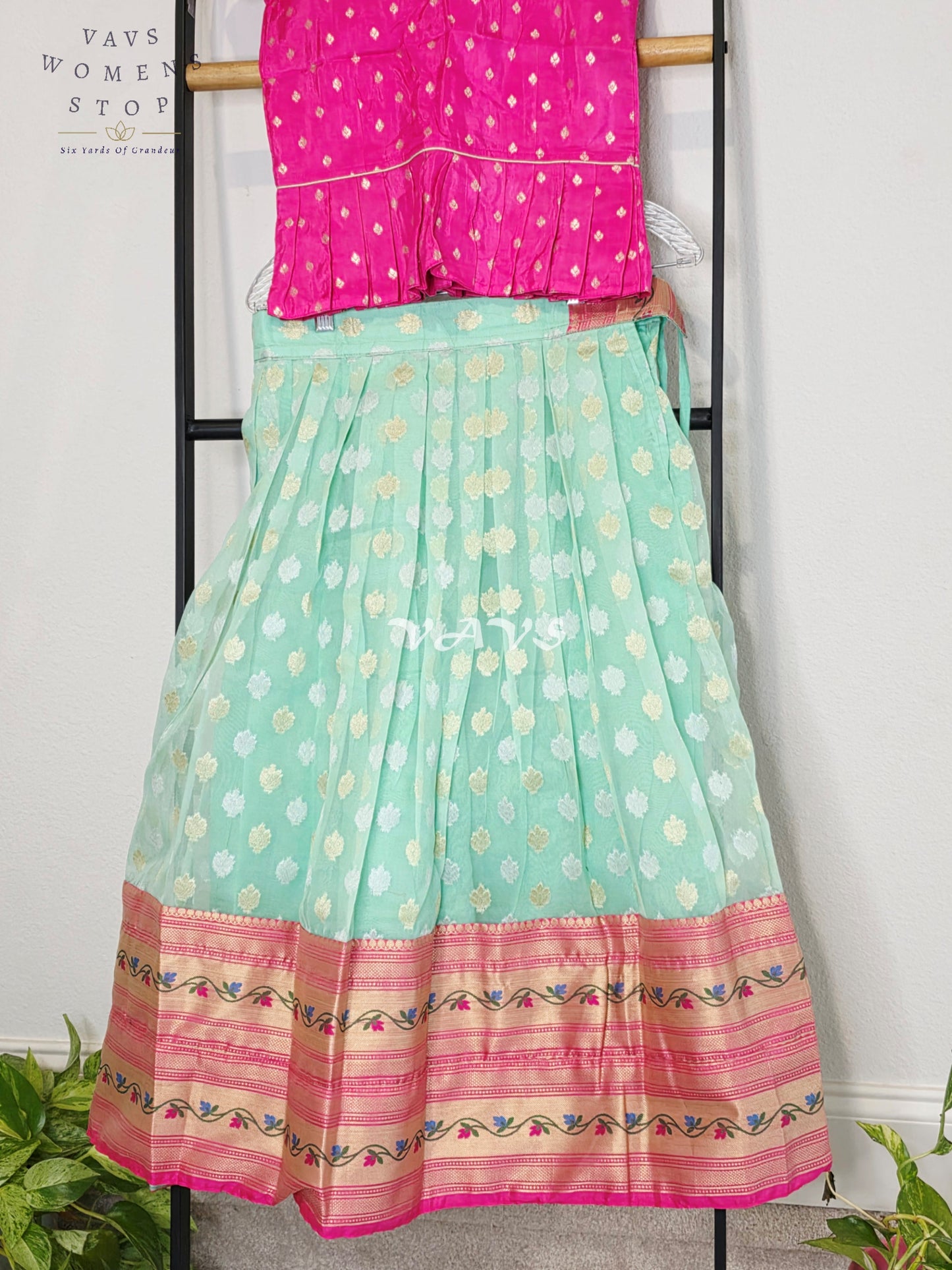 Royal Mint Aqua Organza Paithani Lehenga Set with Fuchsia Chinon Benarasi Blouse for Girls Ages 7–8