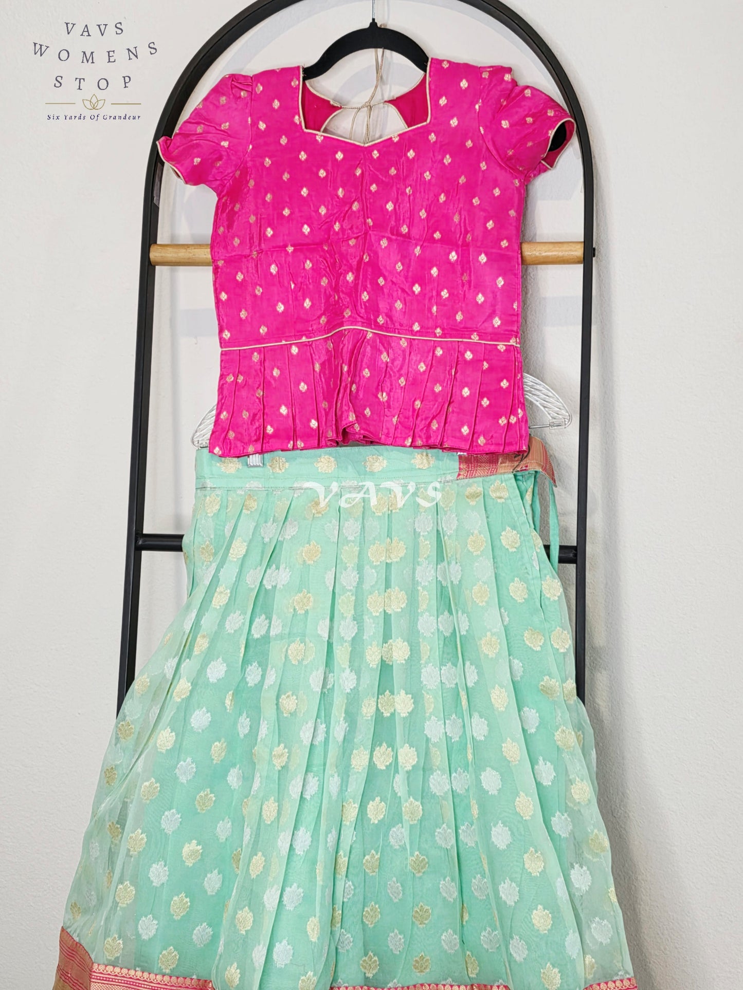 Royal Mint Aqua Organza Paithani Lehenga Set with Fuchsia Chinon Benarasi Blouse for Girls Ages 7–8