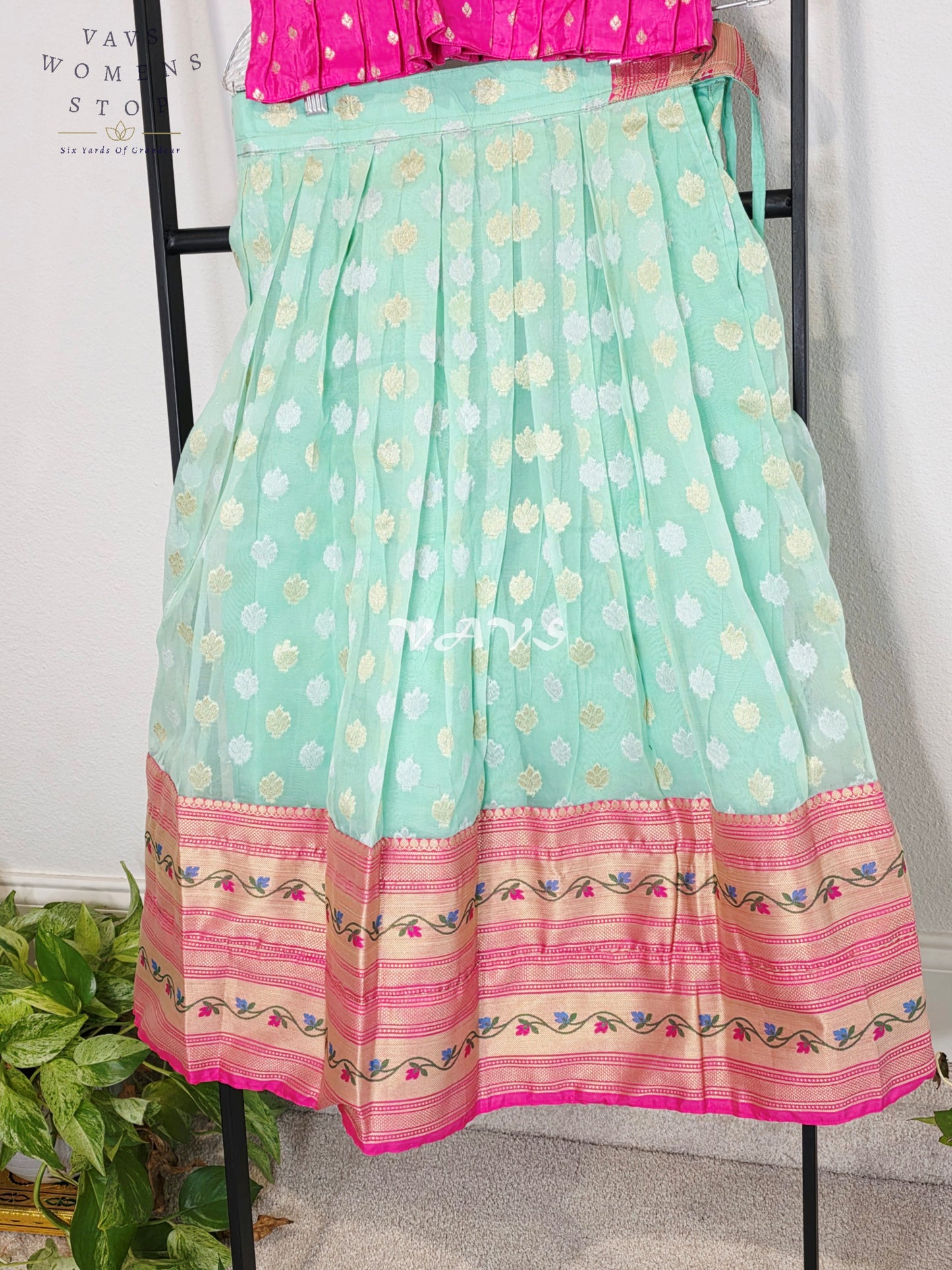 Royal Mint Aqua Organza Paithani Lehenga Set with Fuchsia Chinon Benarasi Blouse for Girls Ages 7–8