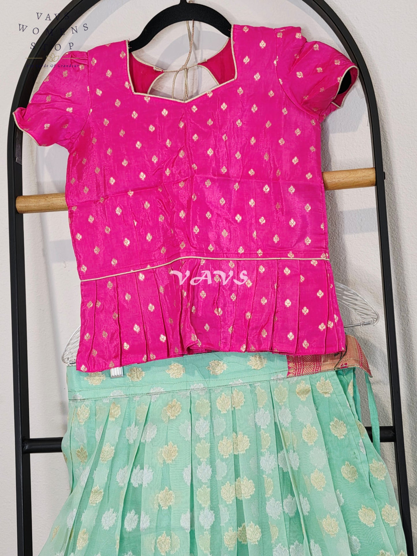 Royal Mint Aqua Organza Paithani Lehenga Set with Fuchsia Chinon Benarasi Blouse for Girls Ages 7–8
