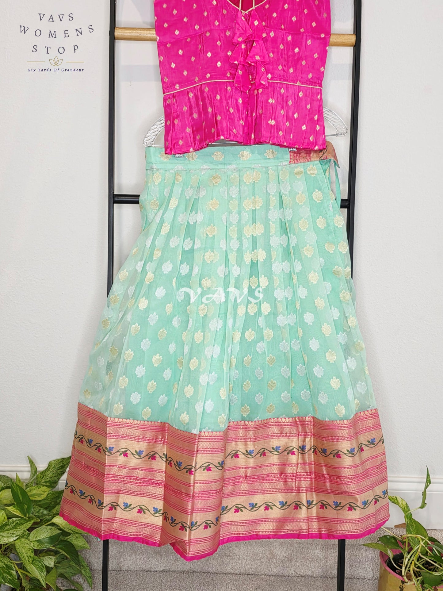Royal Mint Aqua Organza Paithani Lehenga Set with Fuchsia Chinon Benarasi Blouse for Girls Ages 7–8