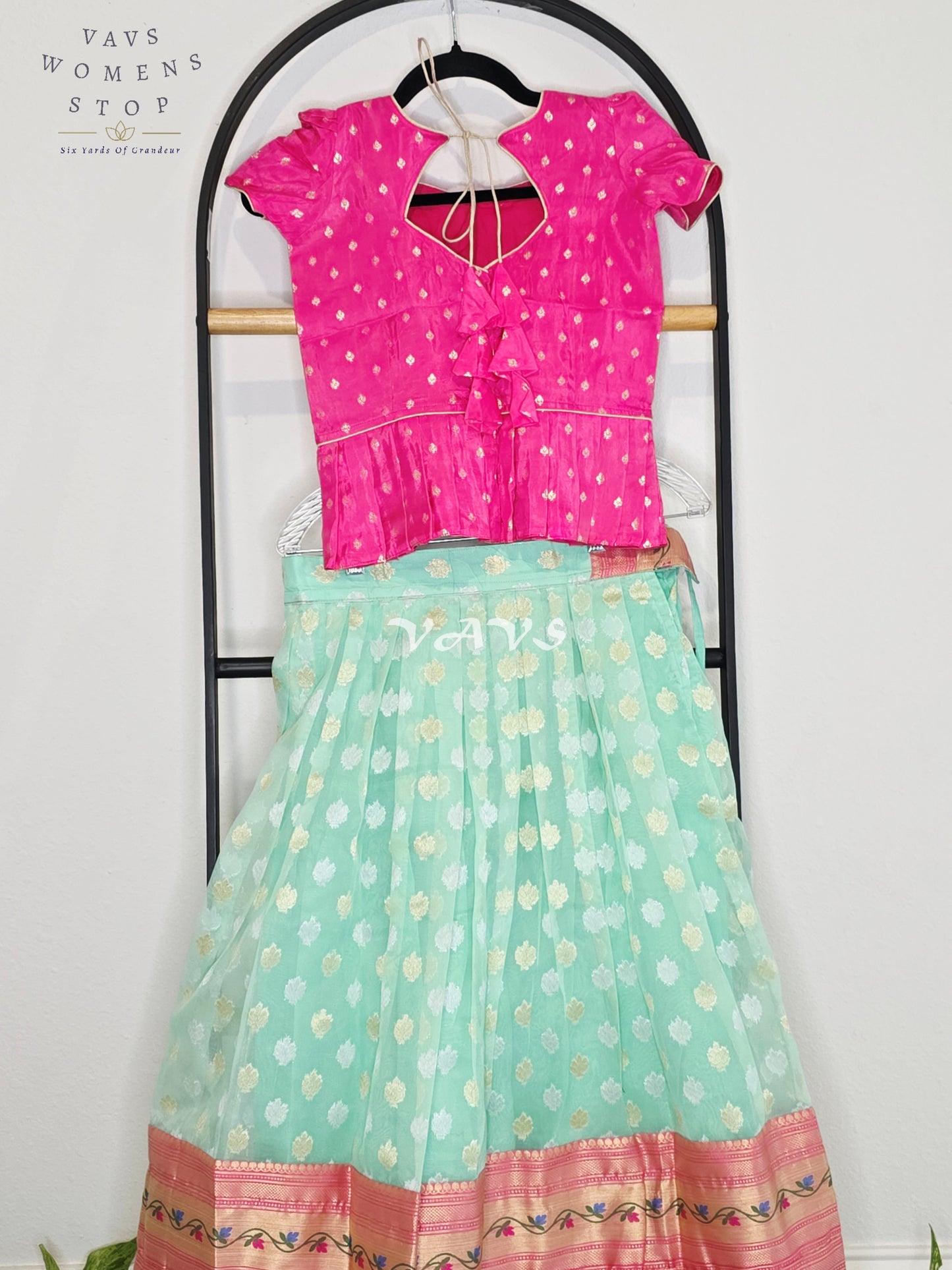 Royal Mint Aqua Organza Paithani Lehenga Set with Fuchsia Chinon Benarasi Blouse for Girls Ages 7–8
