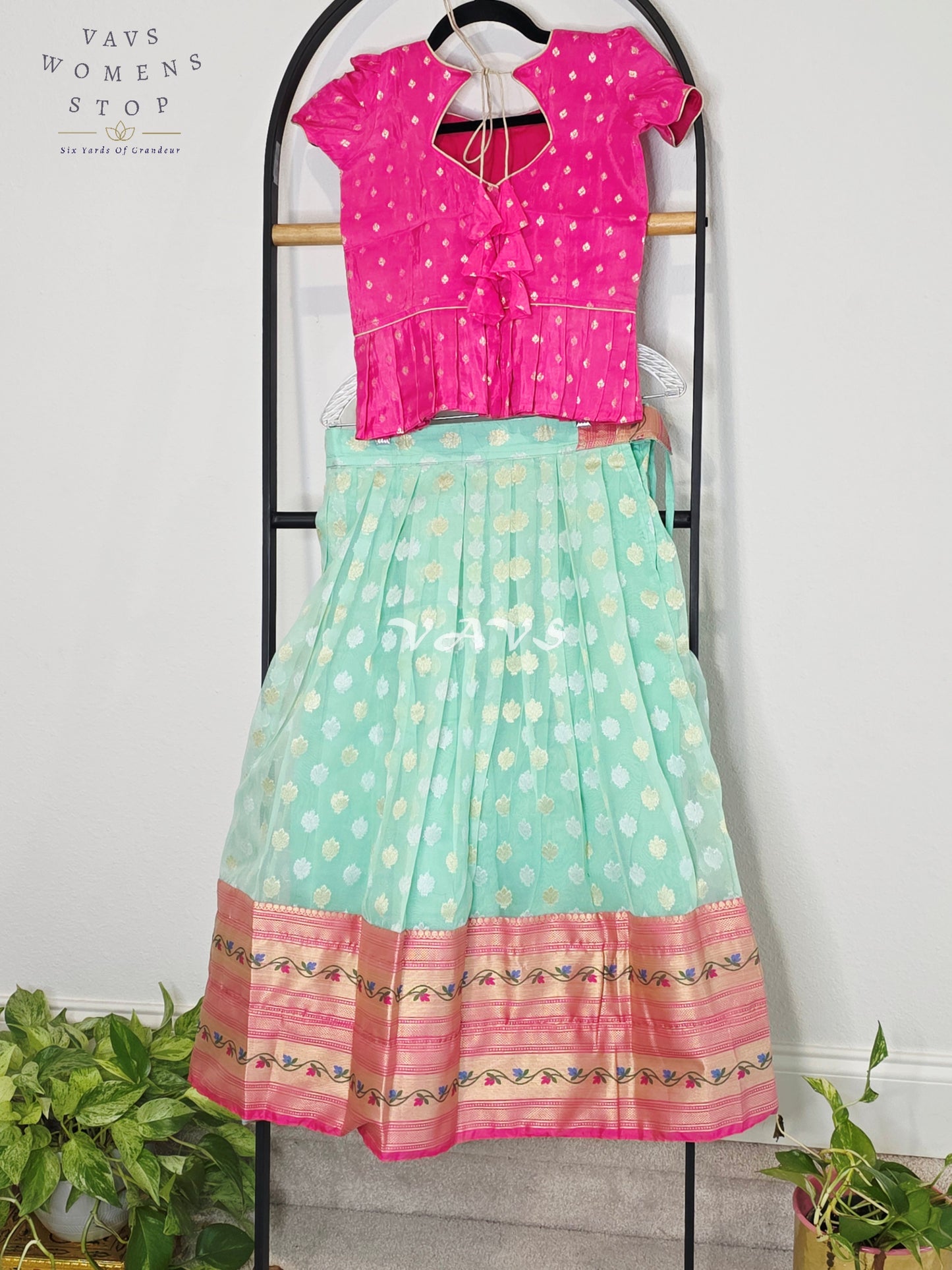 Royal Mint Aqua Organza Paithani Lehenga Set with Fuchsia Chinon Benarasi Blouse for Girls Ages 7–8