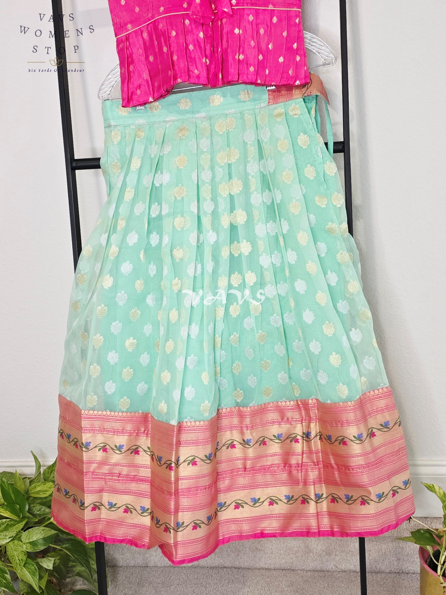Royal Mint Aqua Organza Paithani Lehenga Set with Fuchsia Chinon Benarasi Blouse for Girls Ages 7–8