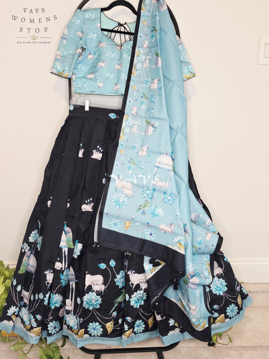 Royal Glacier Blue & Midnight Noir Pichwai Mughal Gardens Designer Half Saree Set with Matching Dupatta & Premium Stitched Blouse