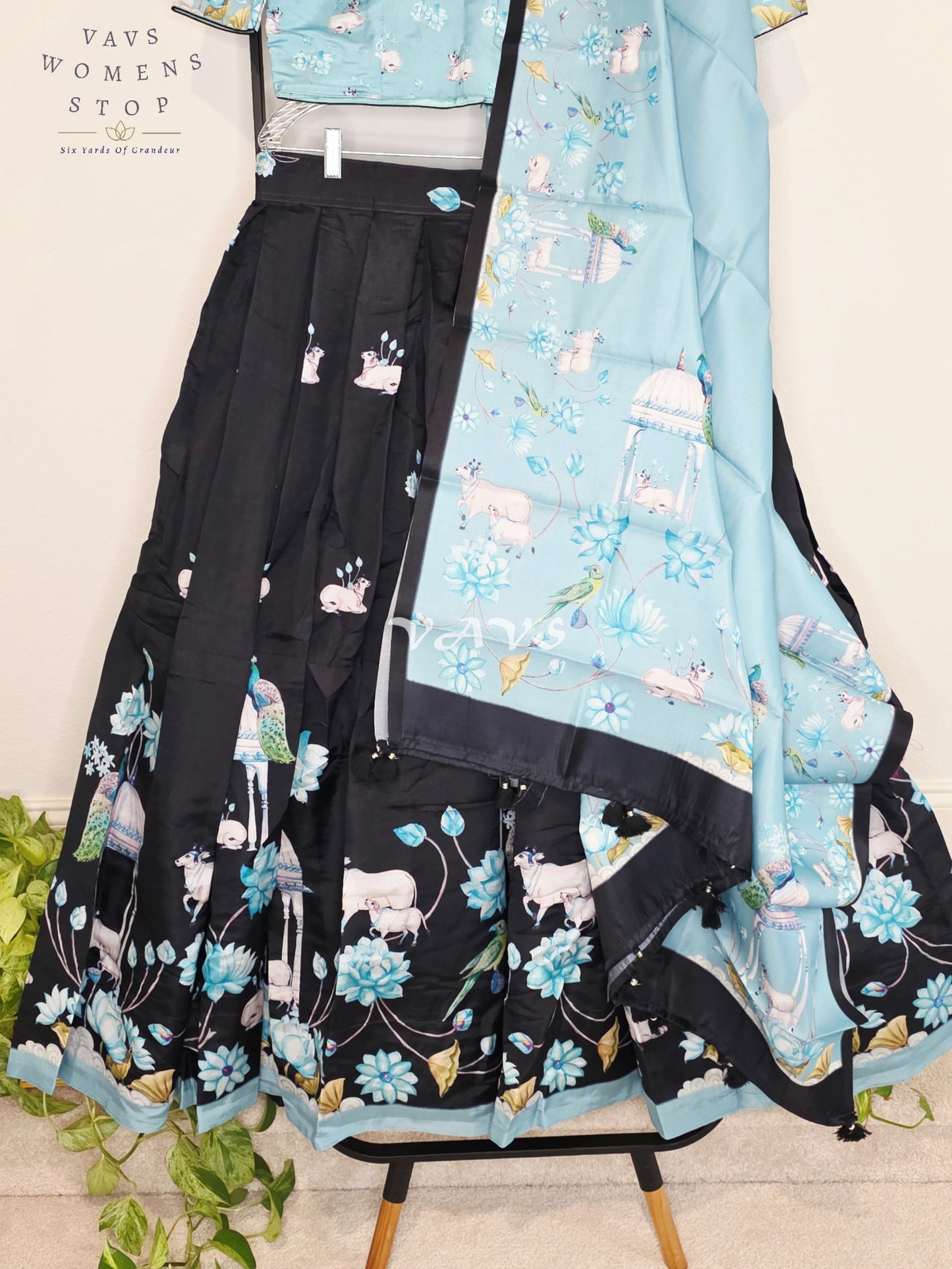 Royal Glacier Blue & Midnight Noir Pichwai Mughal Gardens Designer Half Saree Set with Matching Dupatta & Premium Stitched Blouse