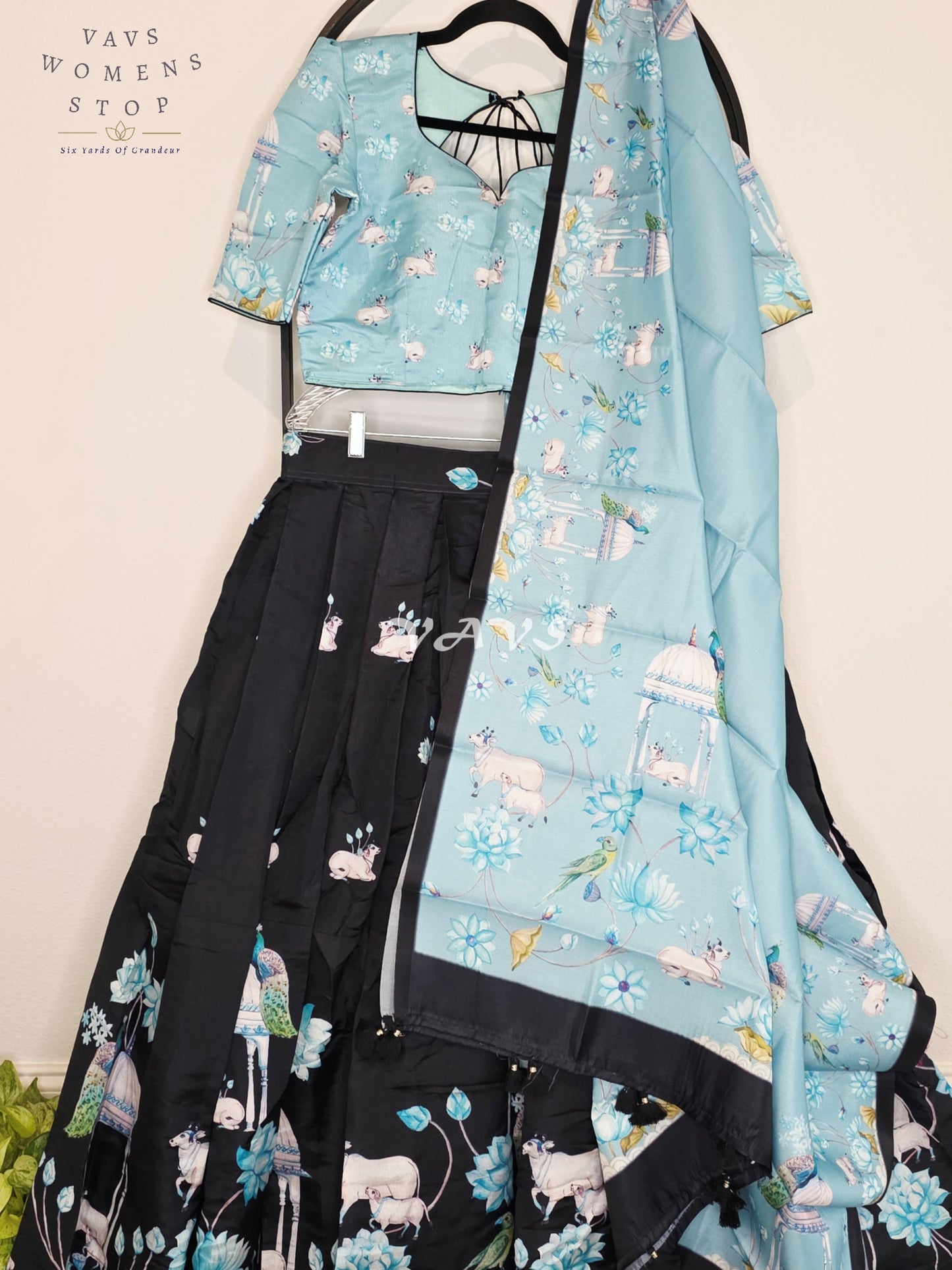 Royal Glacier Blue & Midnight Noir Pichwai Mughal Gardens Designer Half Saree Set with Matching Dupatta & Premium Stitched Blouse