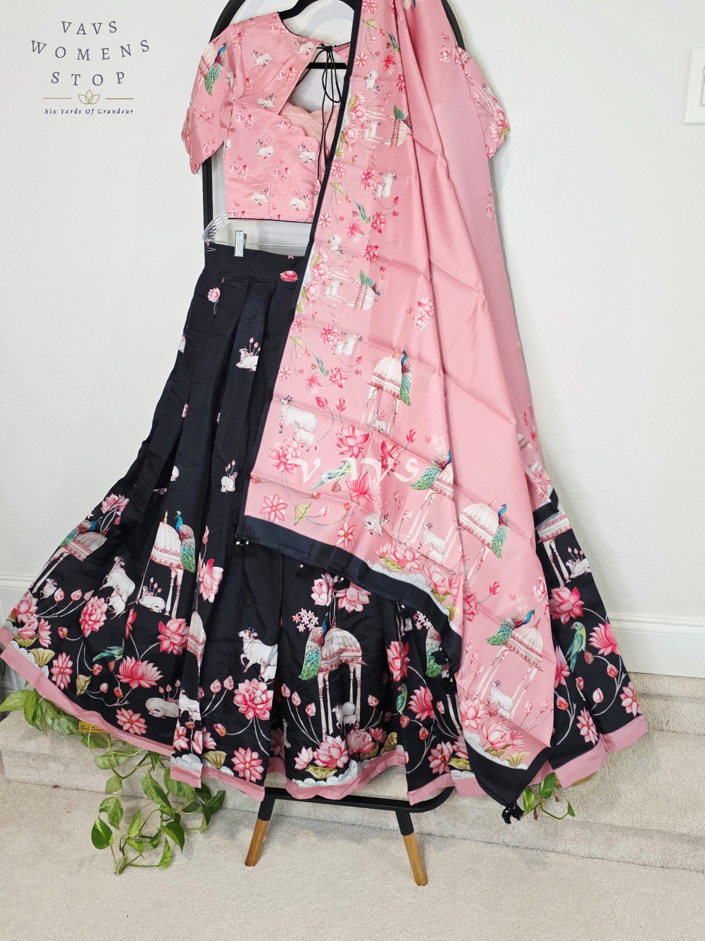 Royal Blush Pink & Midnight Noir Pichwai Mughal Gardens Designer Half Saree Set with Matching Dupatta & Premium Stitched Blouse Size 36-42