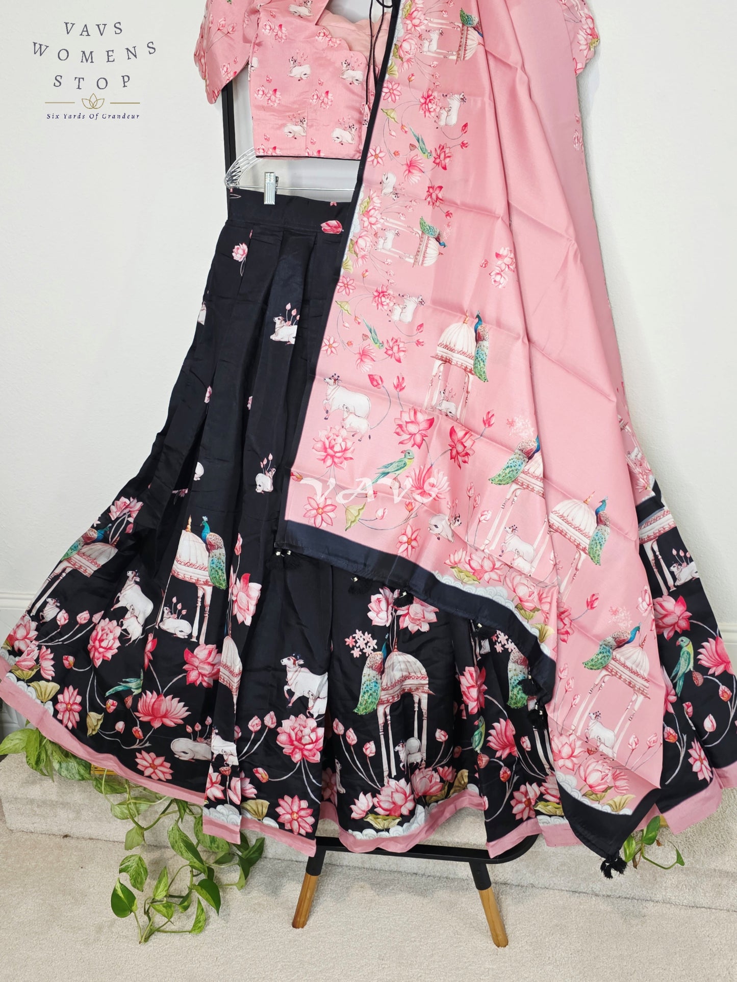 Royal Blush Pink & Midnight Noir Pichwai Mughal Gardens Designer Half Saree Set with Matching Dupatta & Premium Stitched Blouse Size 36-42