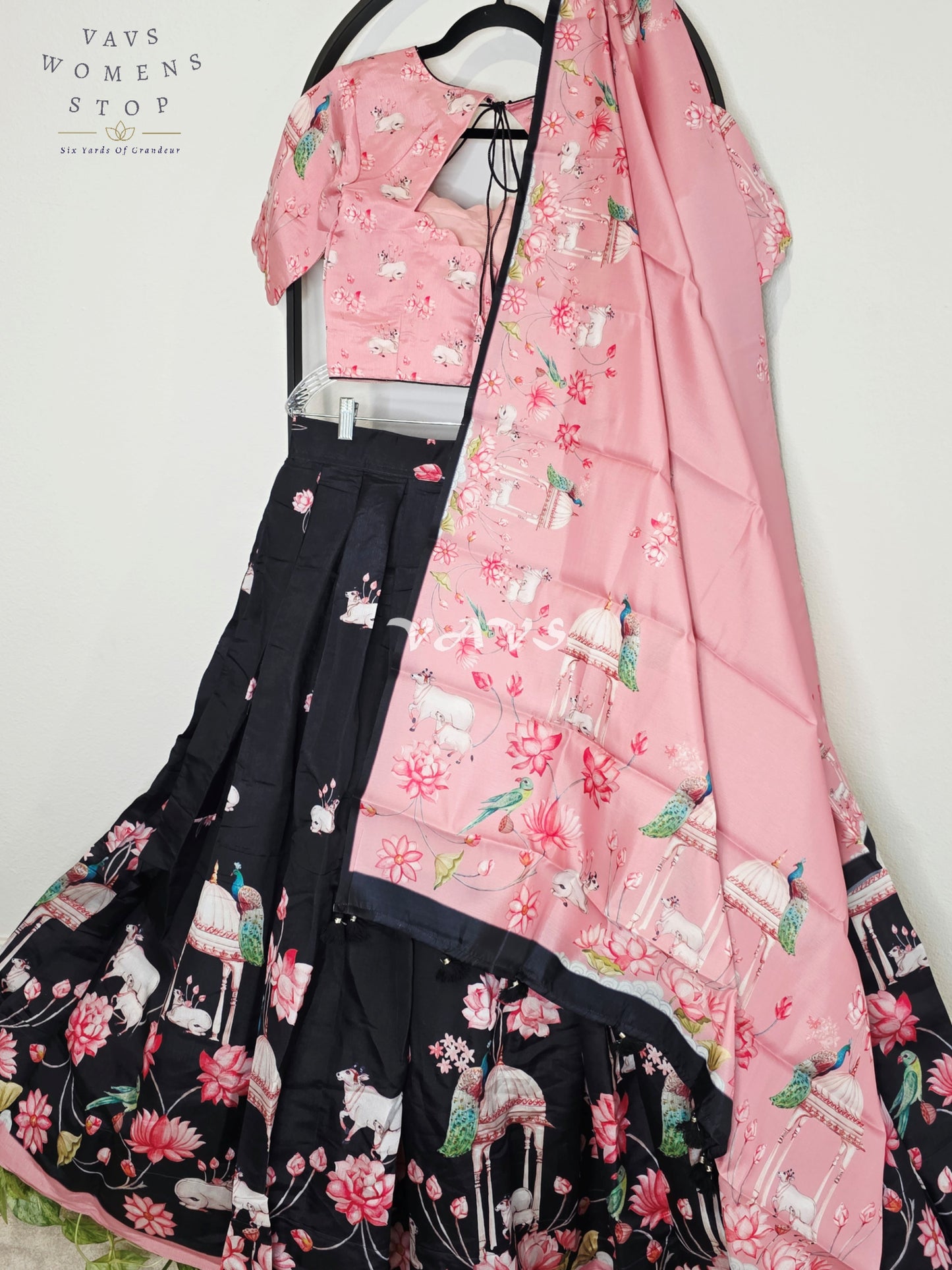 Royal Blush Pink & Midnight Noir Pichwai Mughal Gardens Designer Half Saree Set with Matching Dupatta & Premium Stitched Blouse Size 36-42