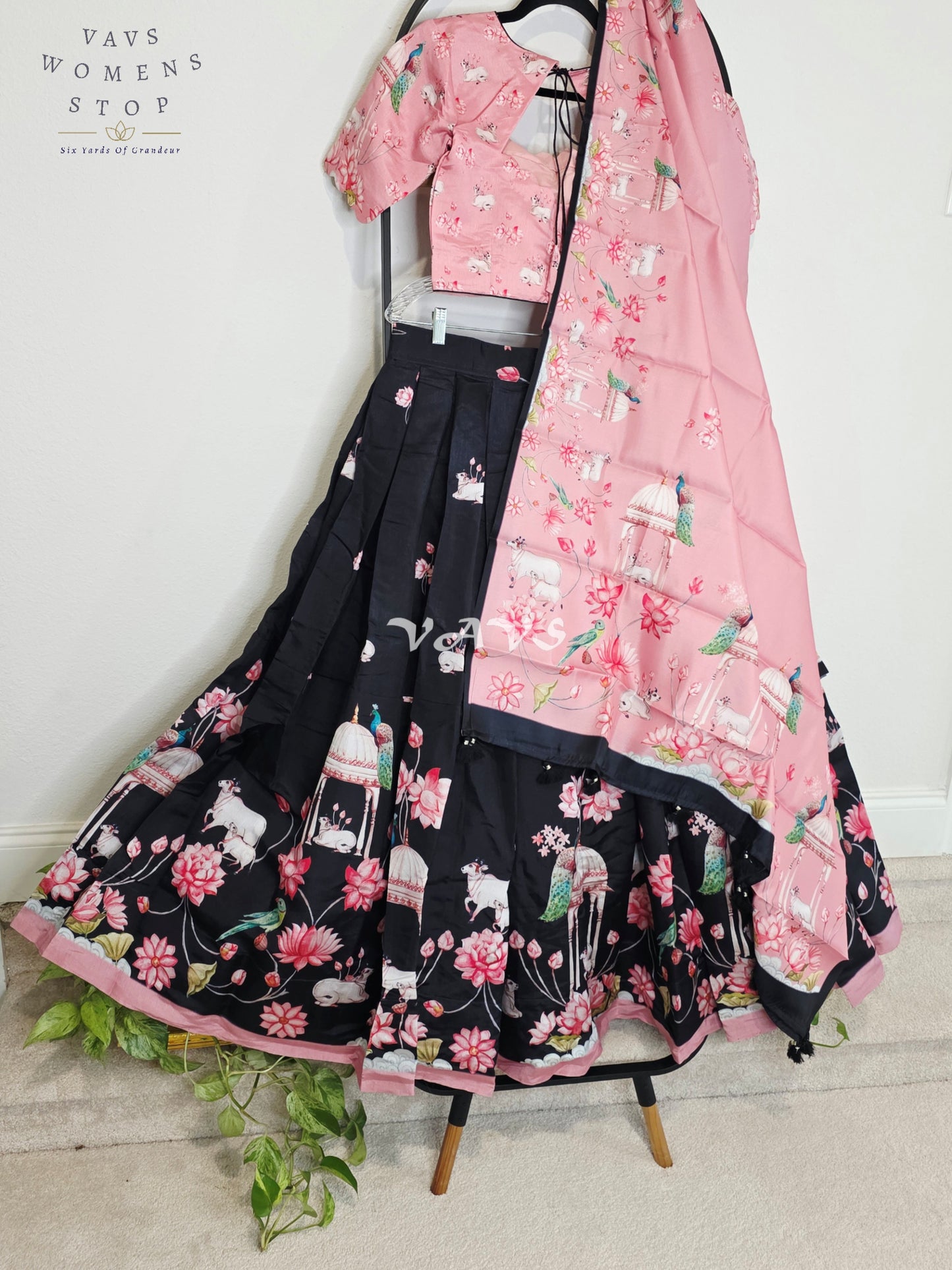 Royal Blush Pink & Midnight Noir Pichwai Mughal Gardens Designer Half Saree Set with Matching Dupatta & Premium Stitched Blouse Size 36-42