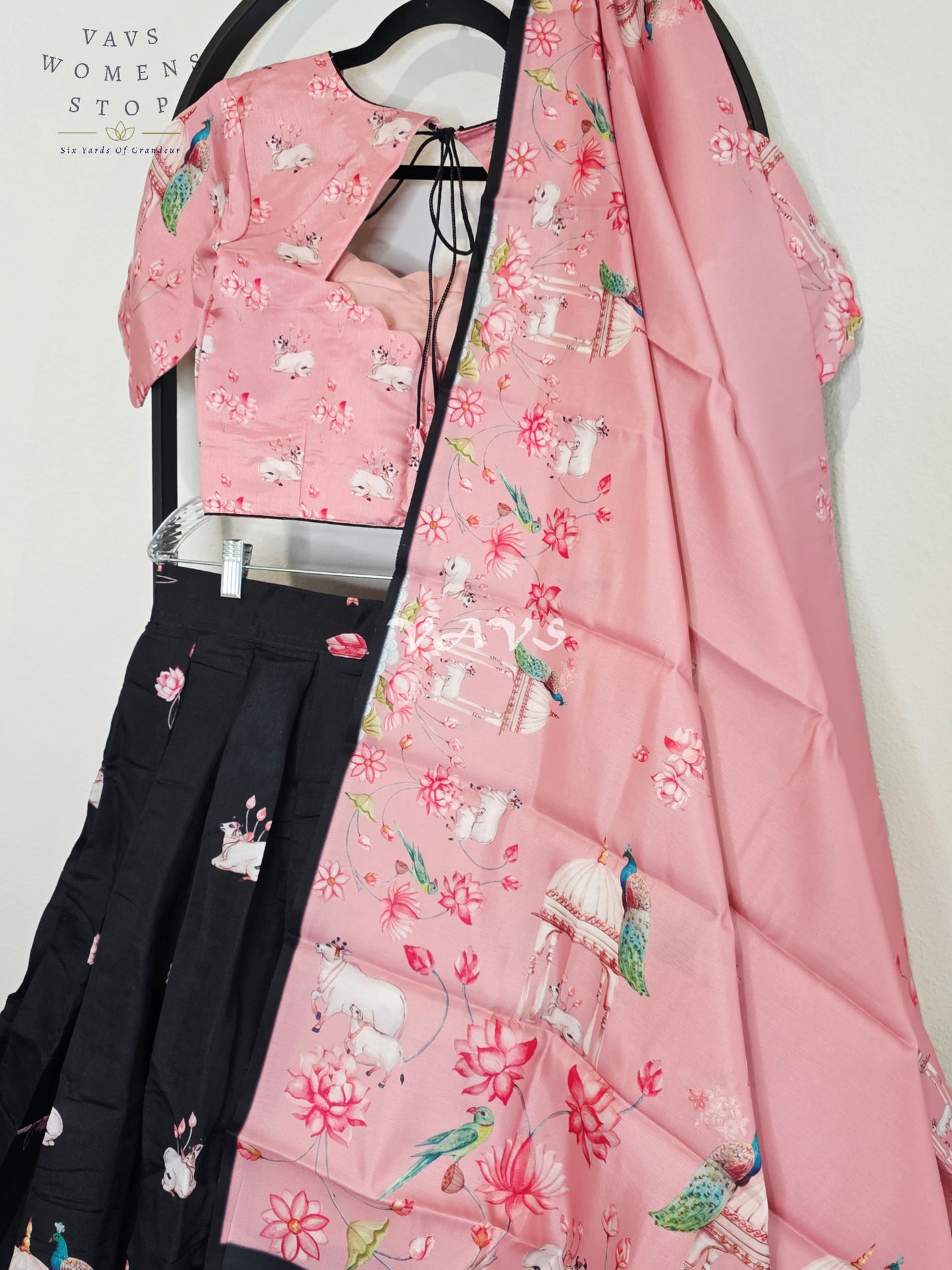 Royal Blush Pink & Midnight Noir Pichwai Mughal Gardens Designer Half Saree Set with Matching Dupatta & Premium Stitched Blouse Size 36-42