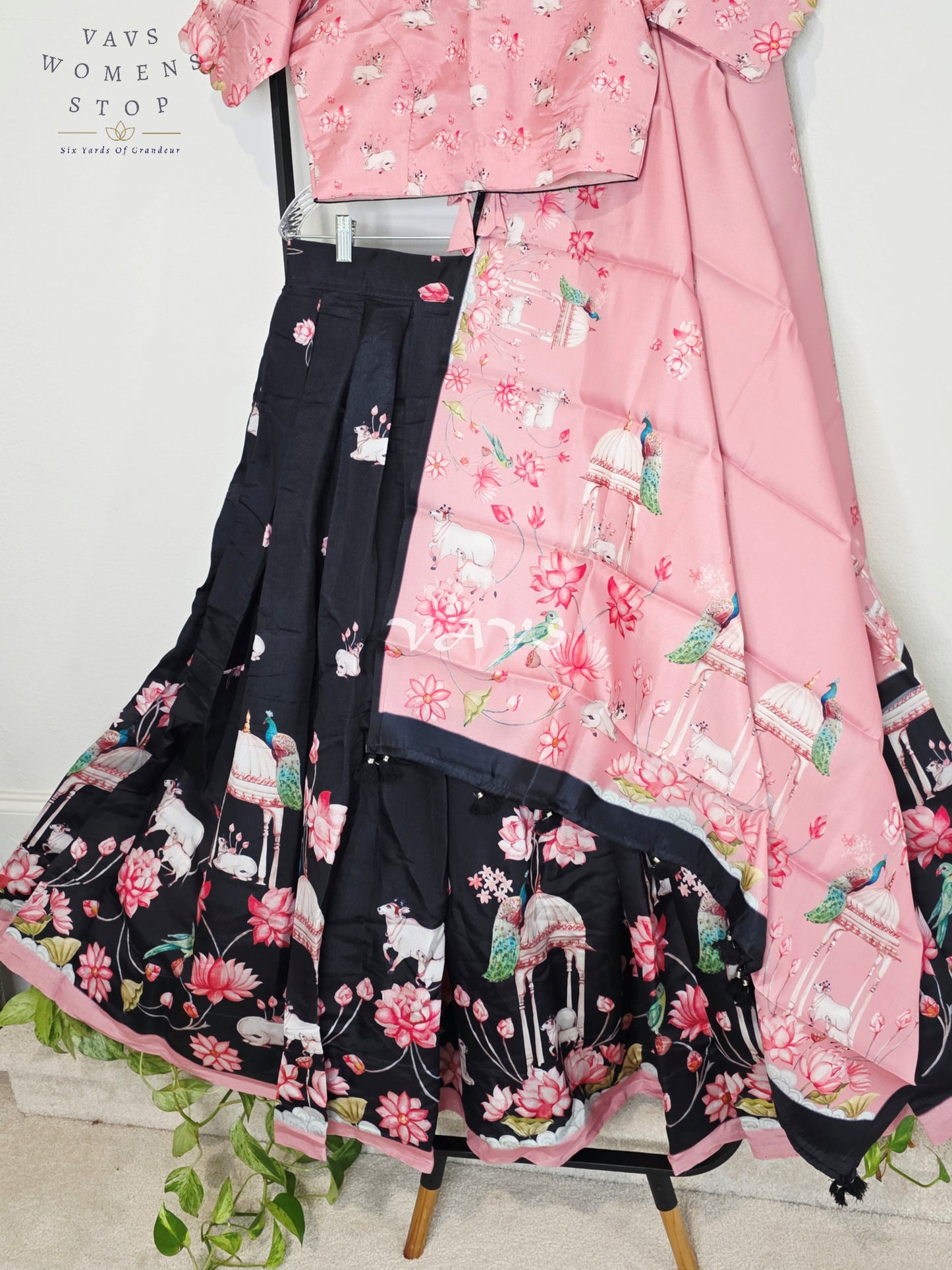 Royal Blush Pink & Midnight Noir Pichwai Mughal Gardens Designer Half Saree Set with Matching Dupatta & Premium Stitched Blouse Size 36-42