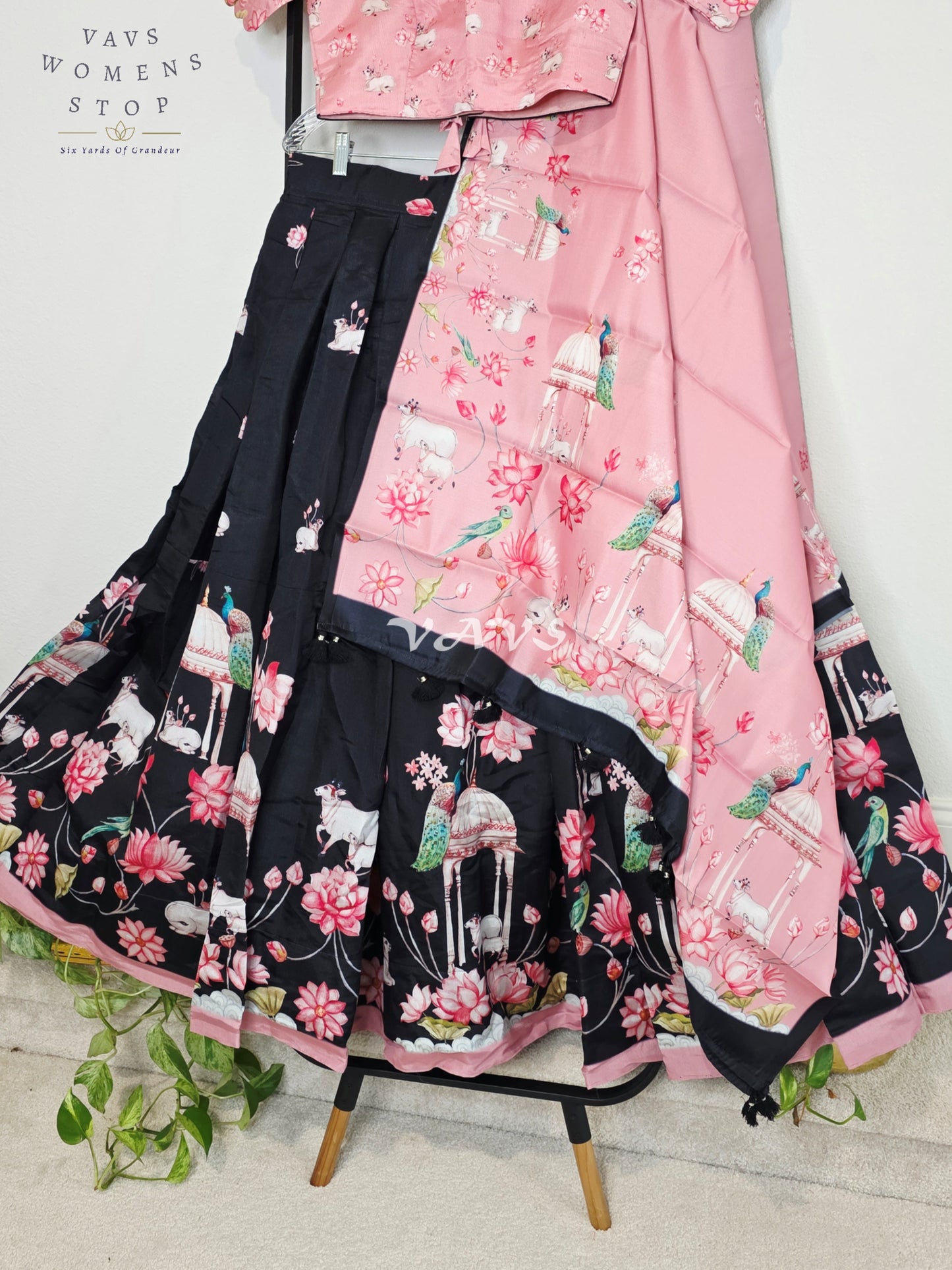 Royal Blush Pink & Midnight Noir Pichwai Mughal Gardens Designer Half Saree Set with Matching Dupatta & Premium Stitched Blouse Size 36-42