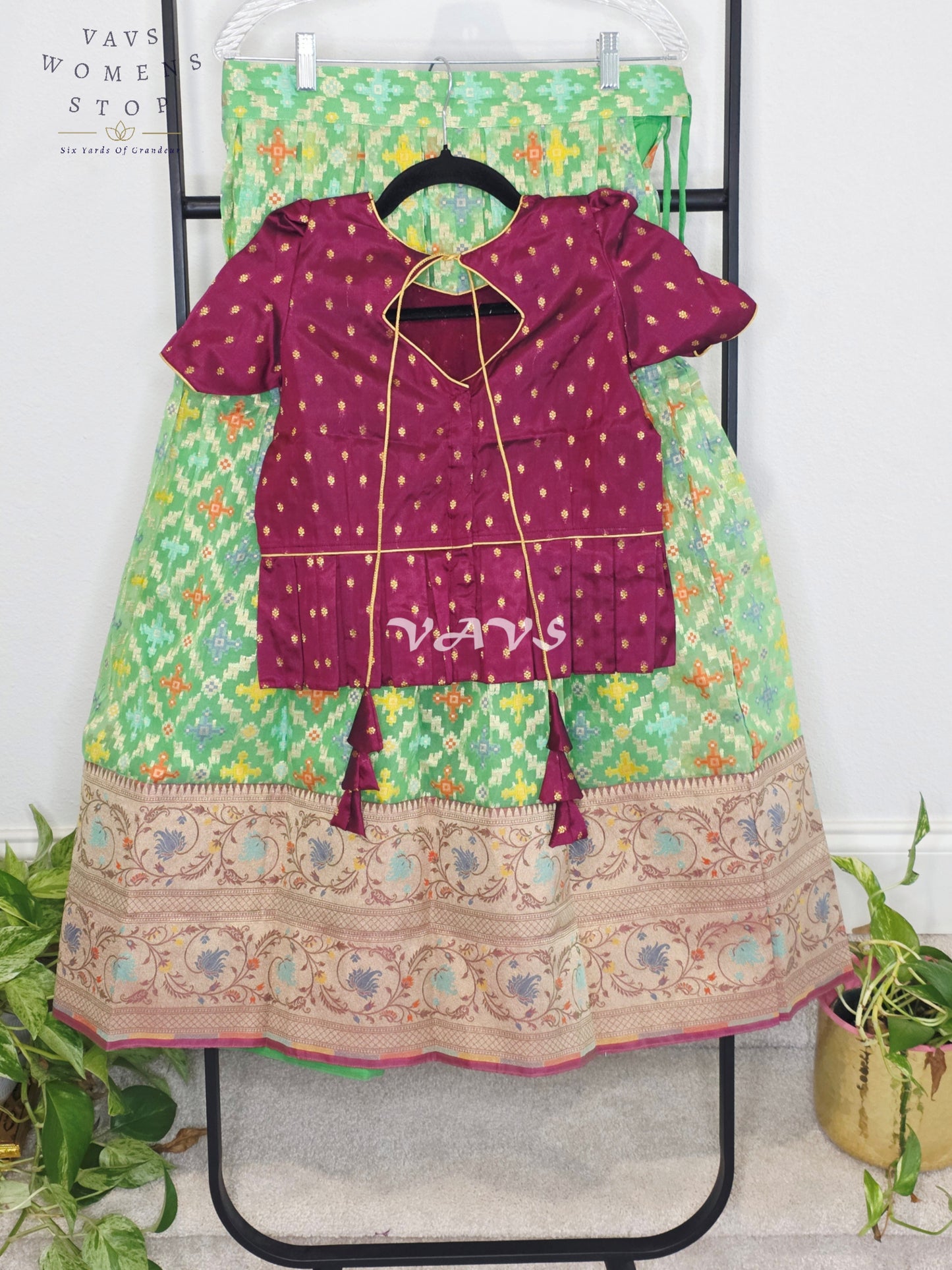 Royal Mint Pistachio Patola Weave Organza Lehenga with Regal Wine  Blouse Set for Girls Ages 9–10