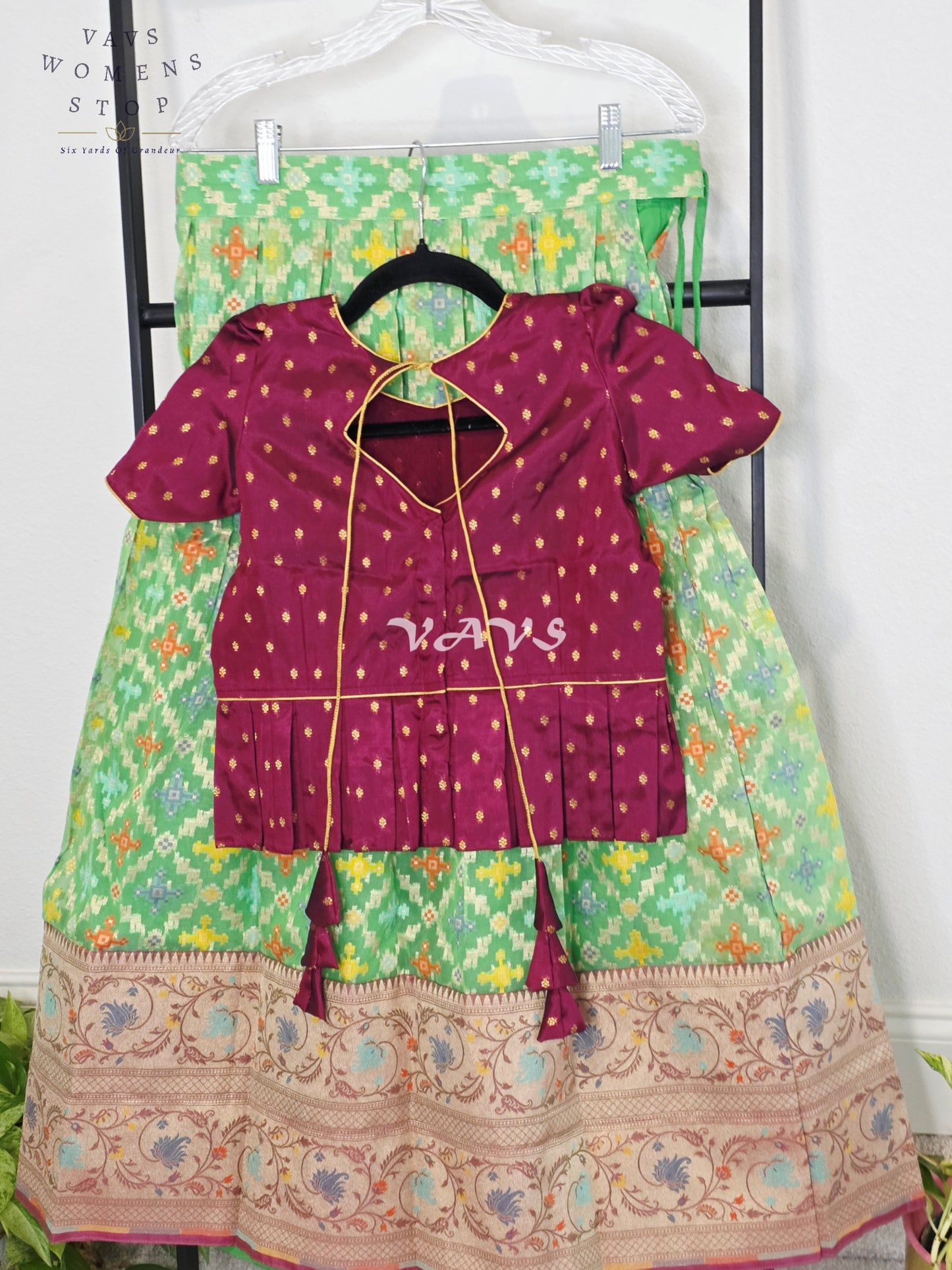 Royal Mint Pistachio Patola Weave Organza Lehenga with Regal Wine  Blouse Set for Girls Ages 9–10
