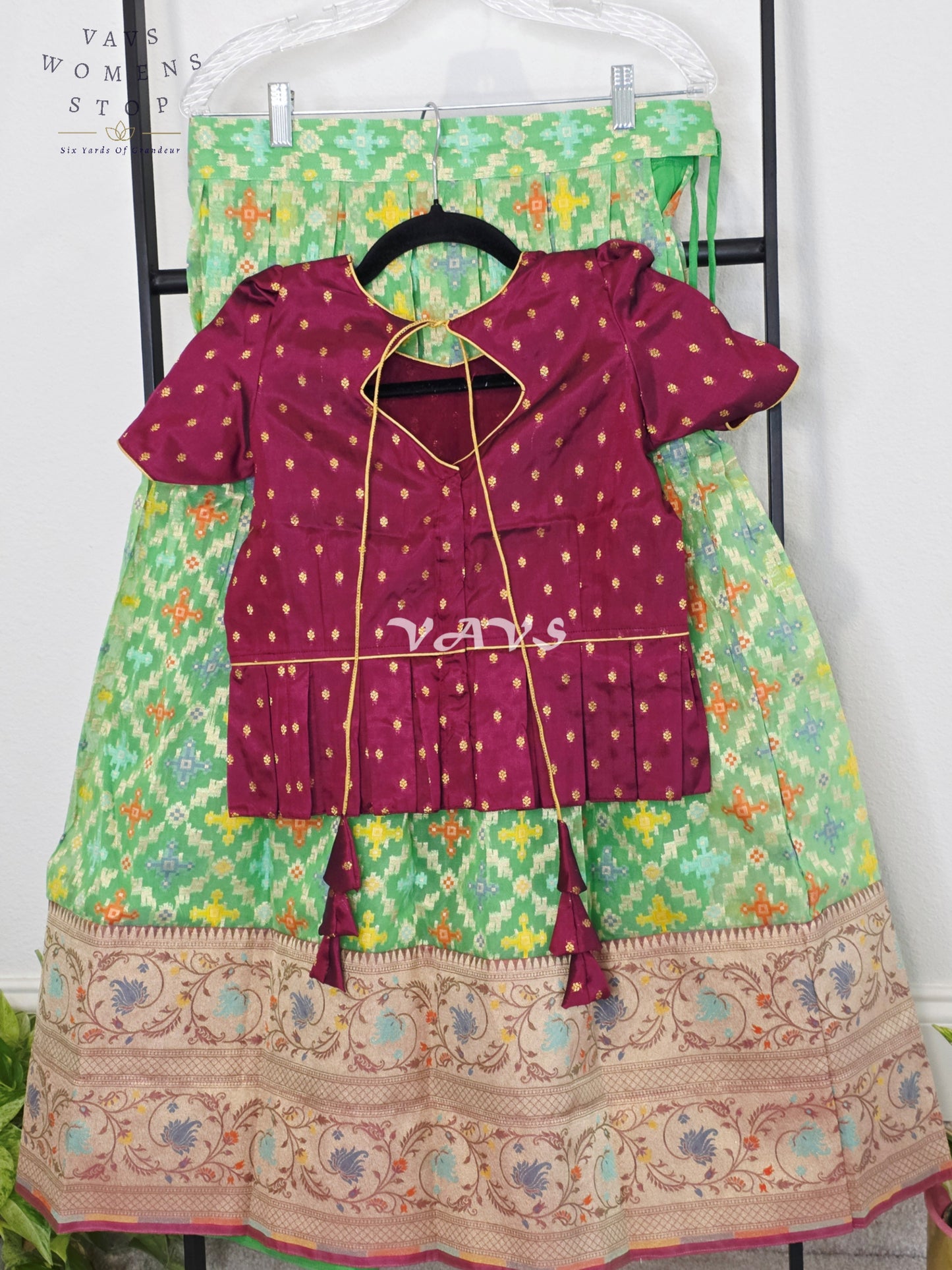 Royal Mint Pistachio Patola Weave Organza Lehenga with Regal Wine  Blouse Set for Girls Ages 9–10