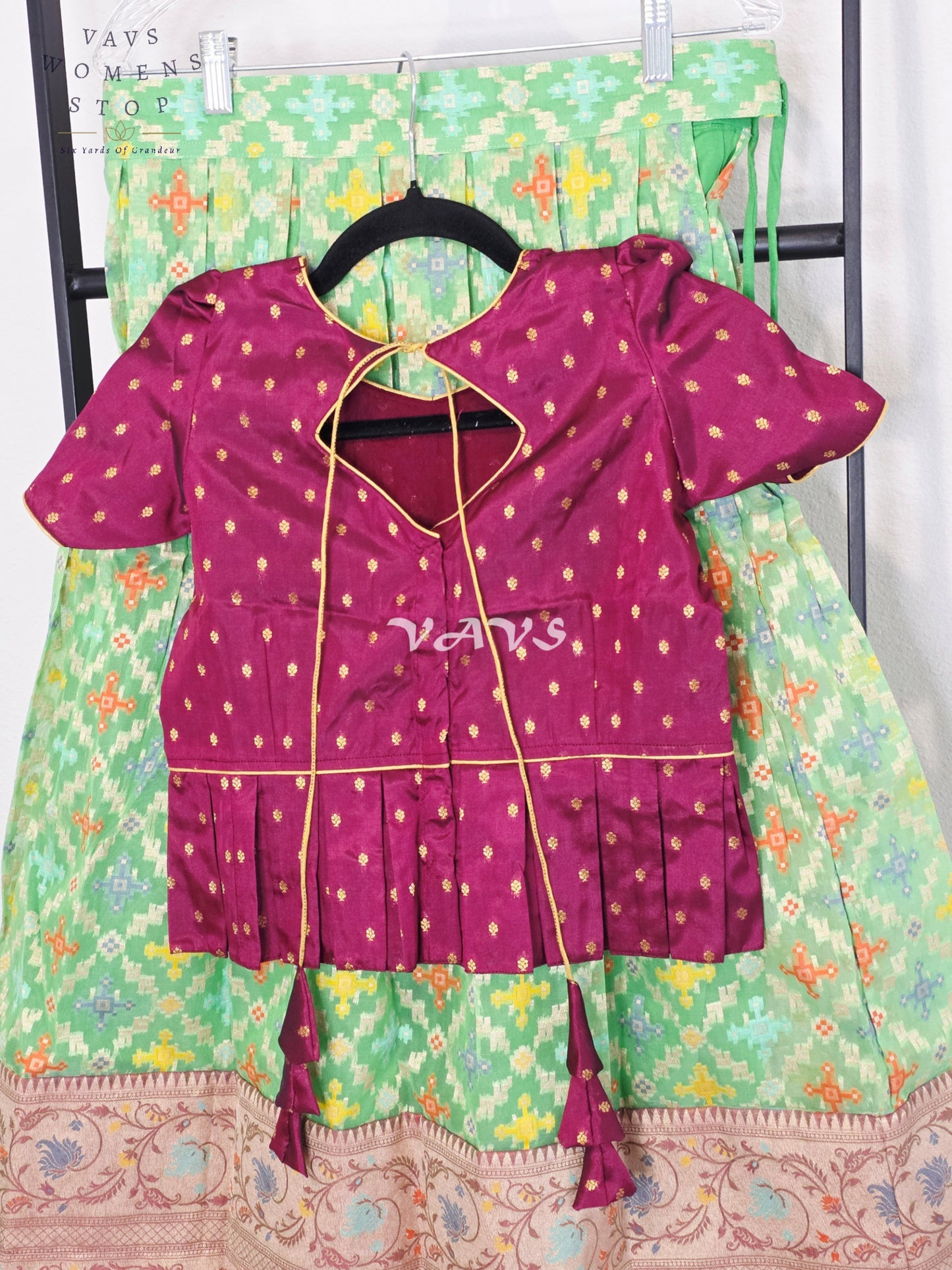 Royal Mint Pistachio Patola Weave Organza Lehenga with Regal Wine  Blouse Set for Girls Ages 9–10