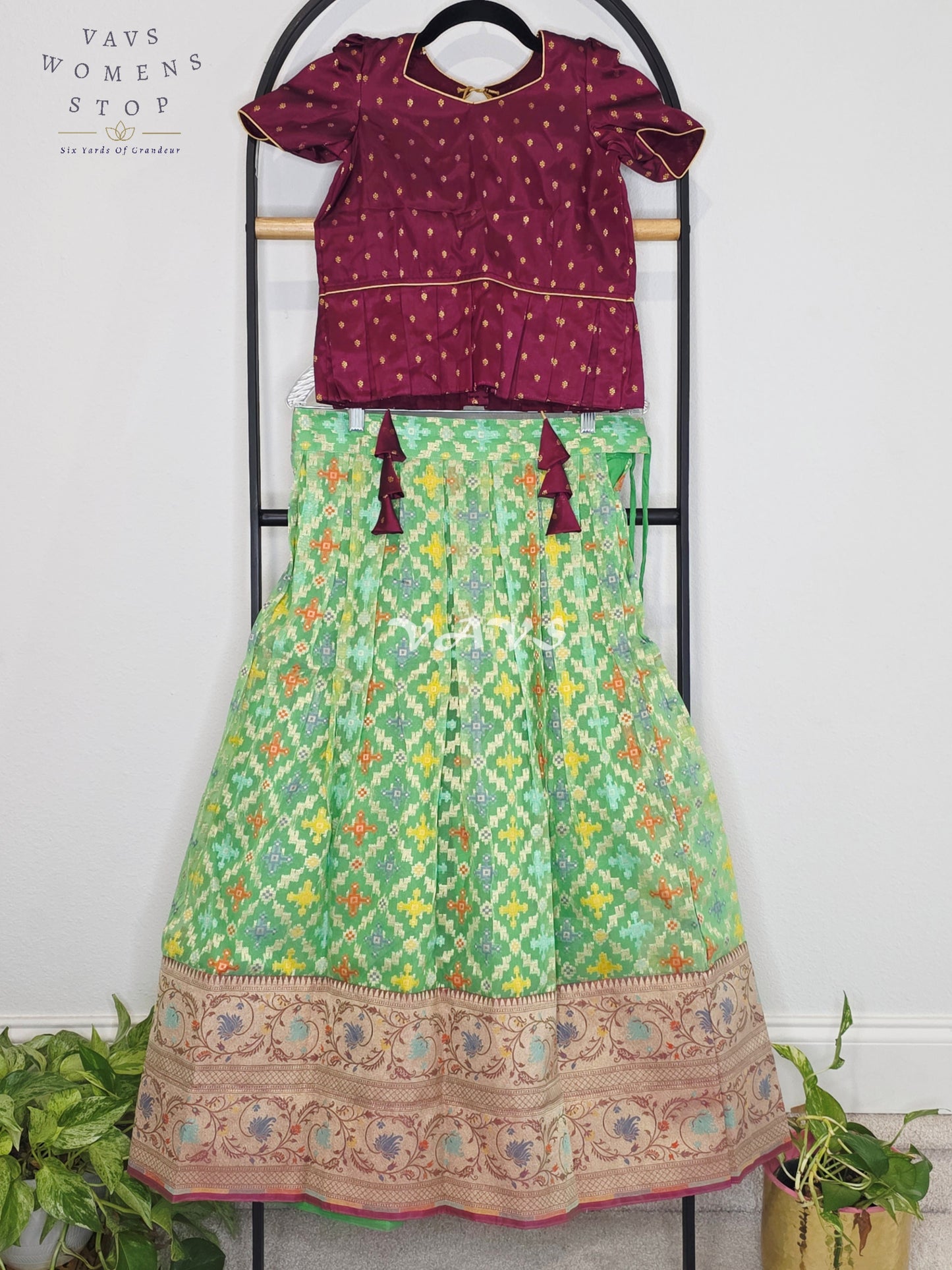 Royal Mint Pistachio Patola Weave Organza Lehenga with Regal Wine  Blouse Set for Girls Ages 9–10