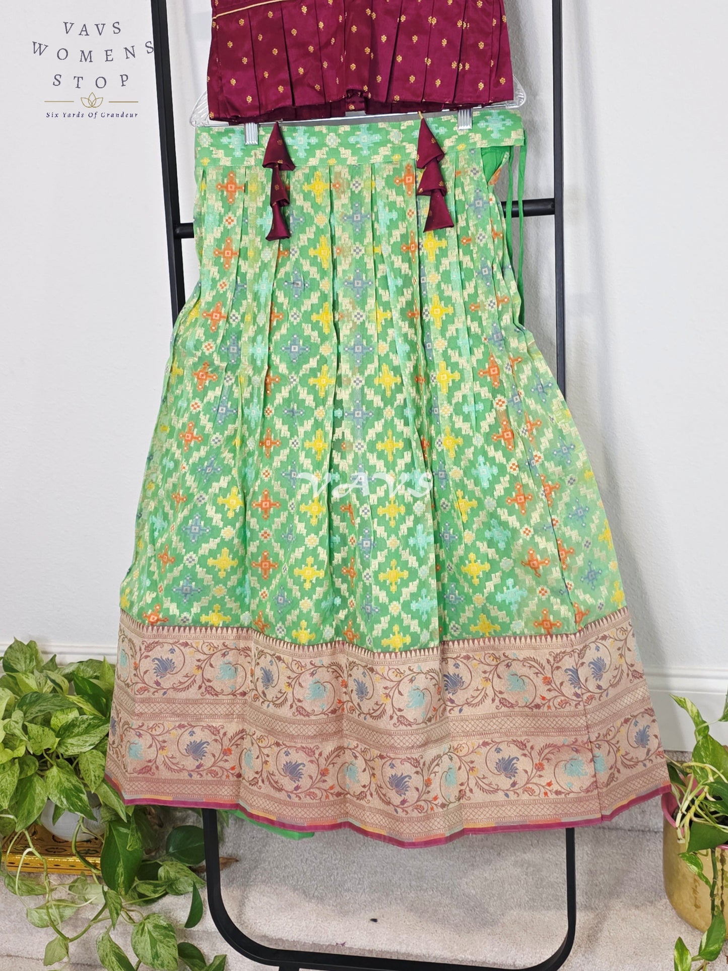 Royal Mint Pistachio Patola Weave Organza Lehenga with Regal Wine  Blouse Set for Girls Ages 9–10