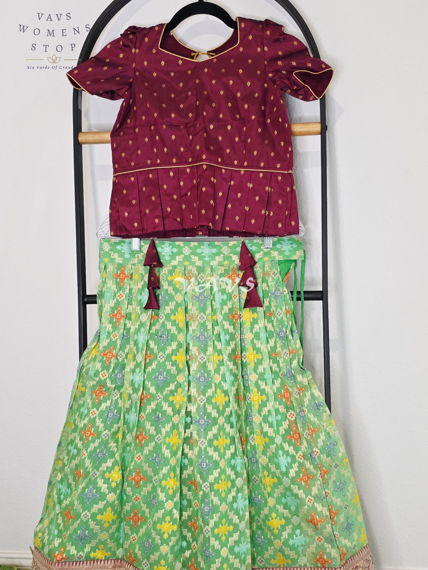 Royal Mint Pistachio Patola Weave Organza Lehenga with Regal Wine  Blouse Set for Girls Ages 9–10