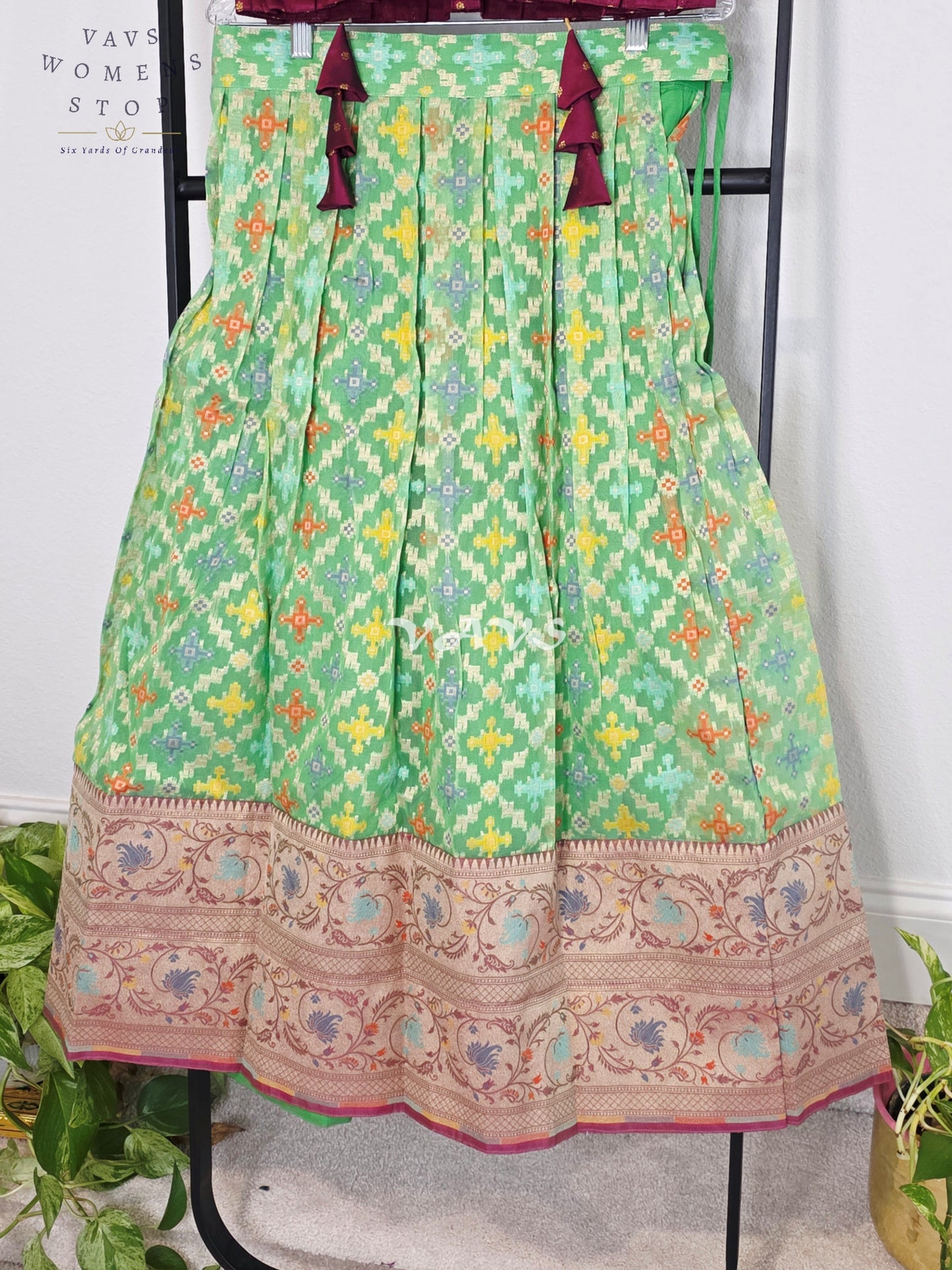 Royal Mint Pistachio Patola Weave Organza Lehenga with Regal Wine  Blouse Set for Girls Ages 9–10
