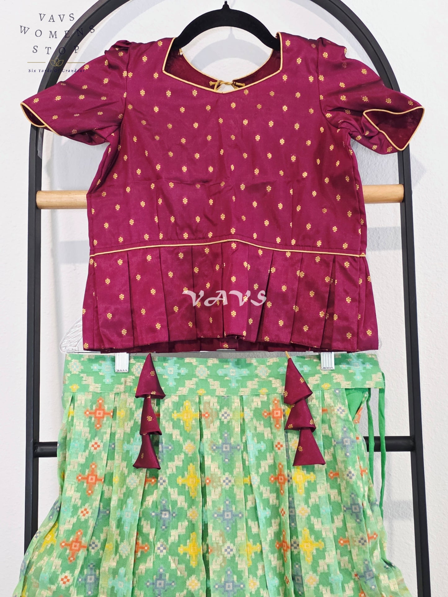 Royal Mint Pistachio Patola Weave Organza Lehenga with Regal Wine  Blouse Set for Girls Ages 9–10