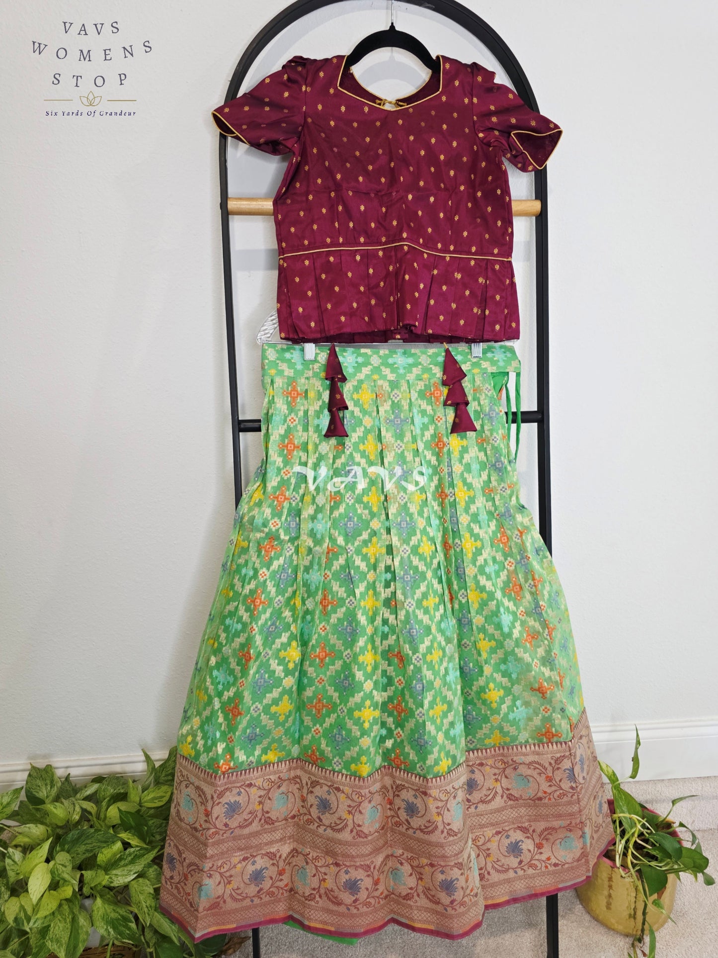 Royal Mint Pistachio Patola Weave Organza Lehenga with Regal Wine  Blouse Set for Girls Ages 9–10
