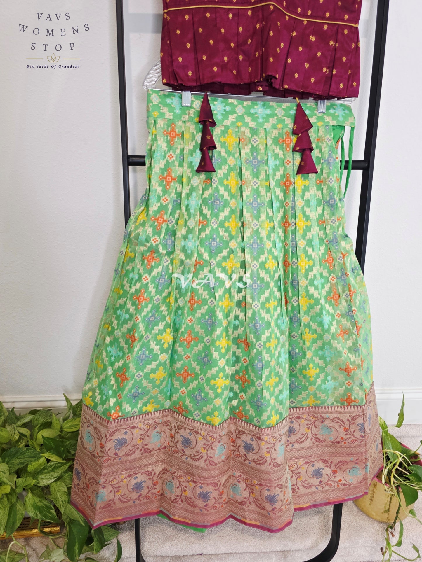 Royal Mint Pistachio Patola Weave Organza Lehenga with Regal Wine  Blouse Set for Girls Ages 9–10