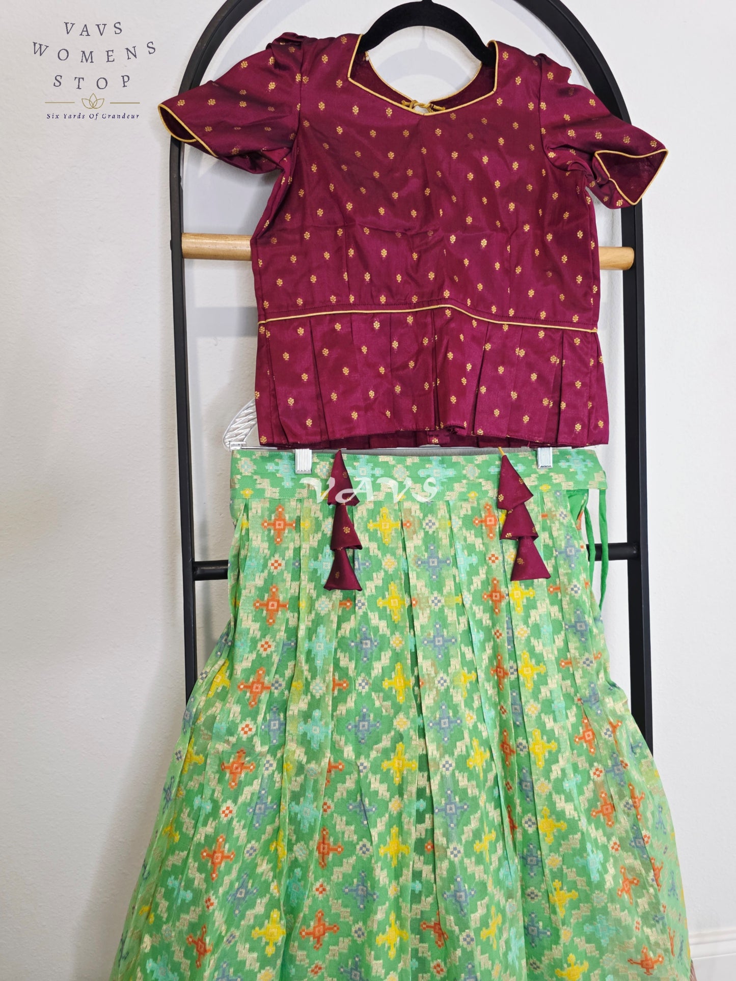 Royal Mint Pistachio Patola Weave Organza Lehenga with Regal Wine  Blouse Set for Girls Ages 9–10