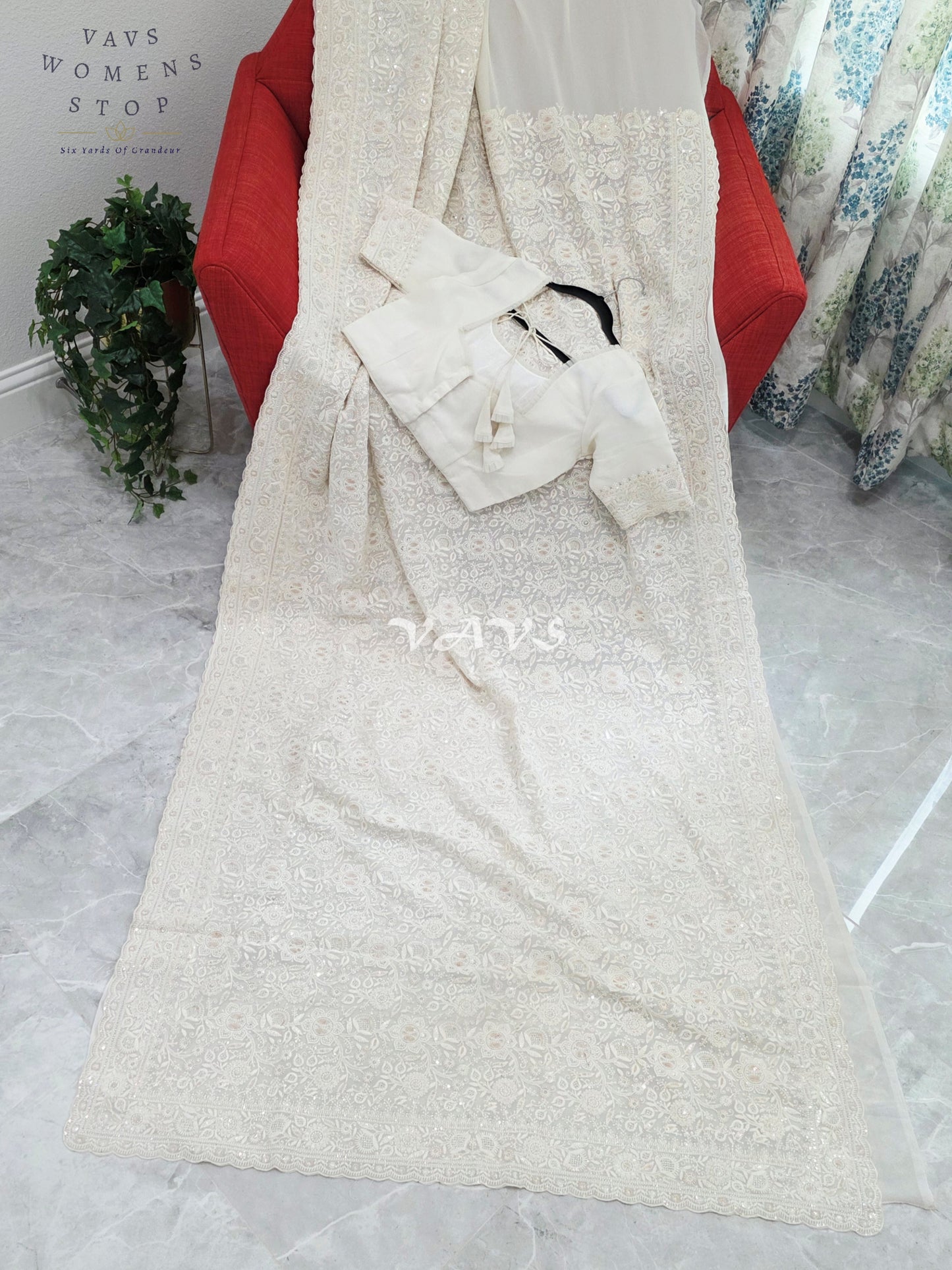 Royal Pearl White Viscose Georgette Chikankari Embroidered Sequins Saree with Designer Stitched Blouse