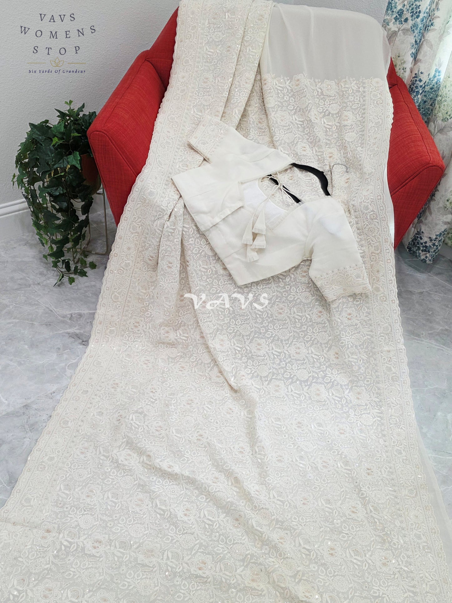 Royal Pearl White Viscose Georgette Chikankari Embroidered Sequins Saree with Designer Stitched Blouse