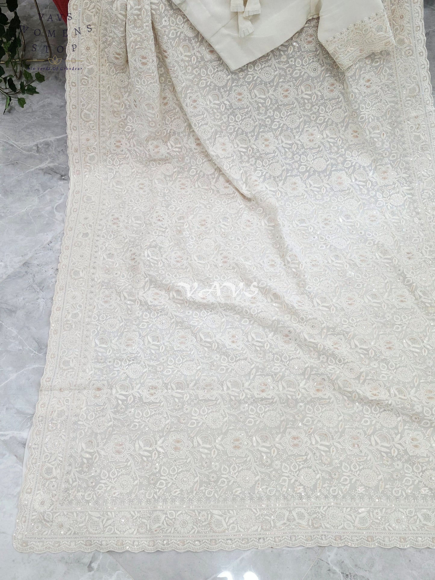 Royal Pearl White Viscose Georgette Chikankari Embroidered Sequins Saree with Designer Stitched Blouse