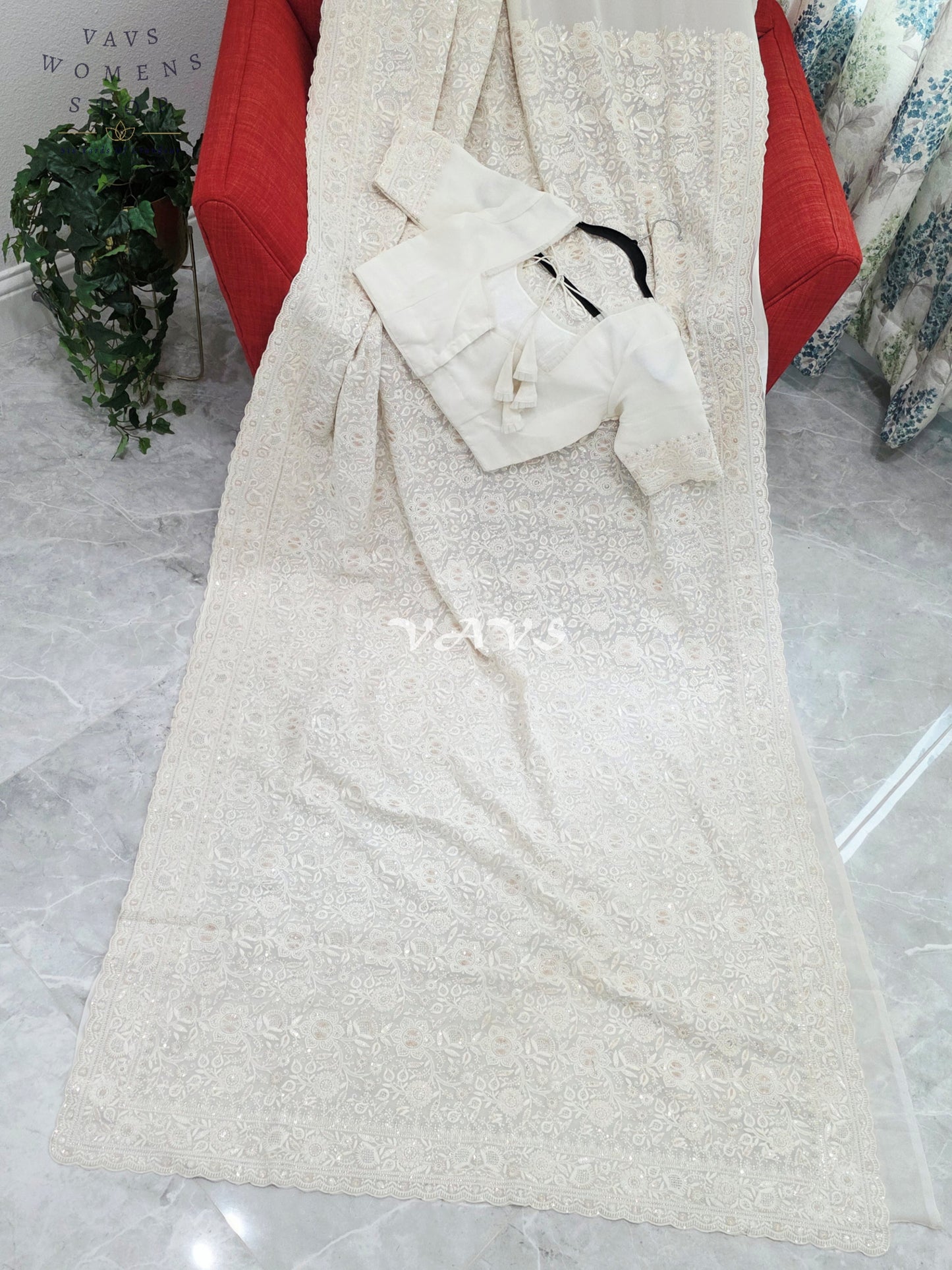 Royal Pearl White Viscose Georgette Chikankari Embroidered Sequins Saree with Designer Stitched Blouse