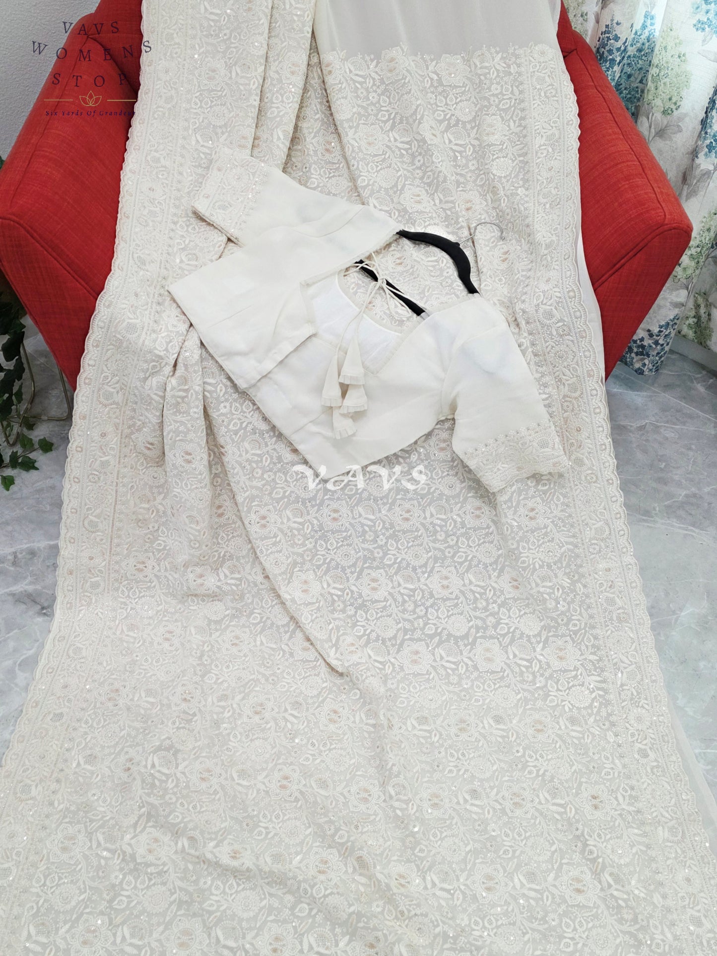 Royal Pearl White Viscose Georgette Chikankari Embroidered Sequins Saree with Designer Stitched Blouse