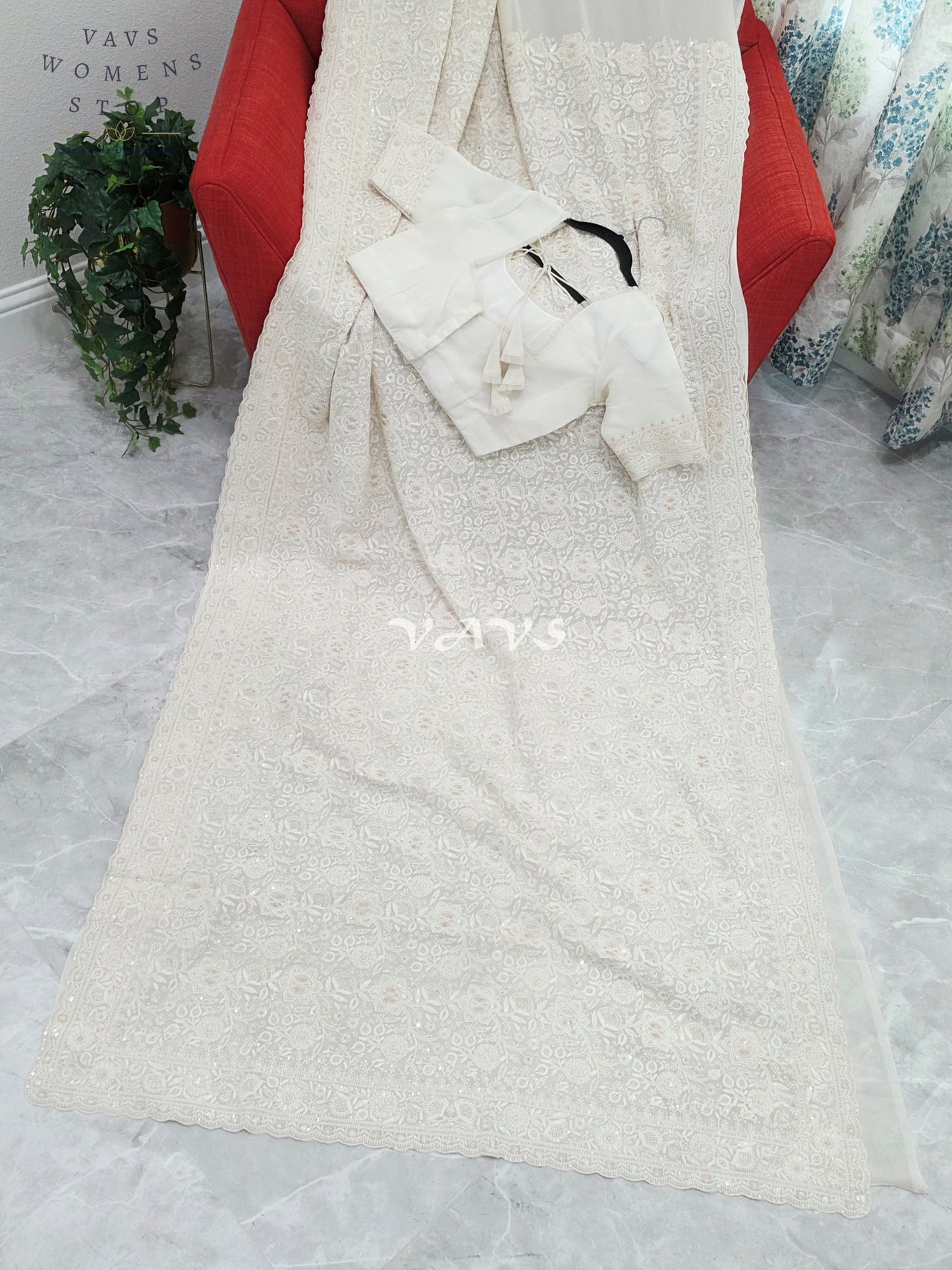 Royal Pearl White Viscose Georgette Chikankari Embroidered Sequins Saree with Designer Stitched Blouse