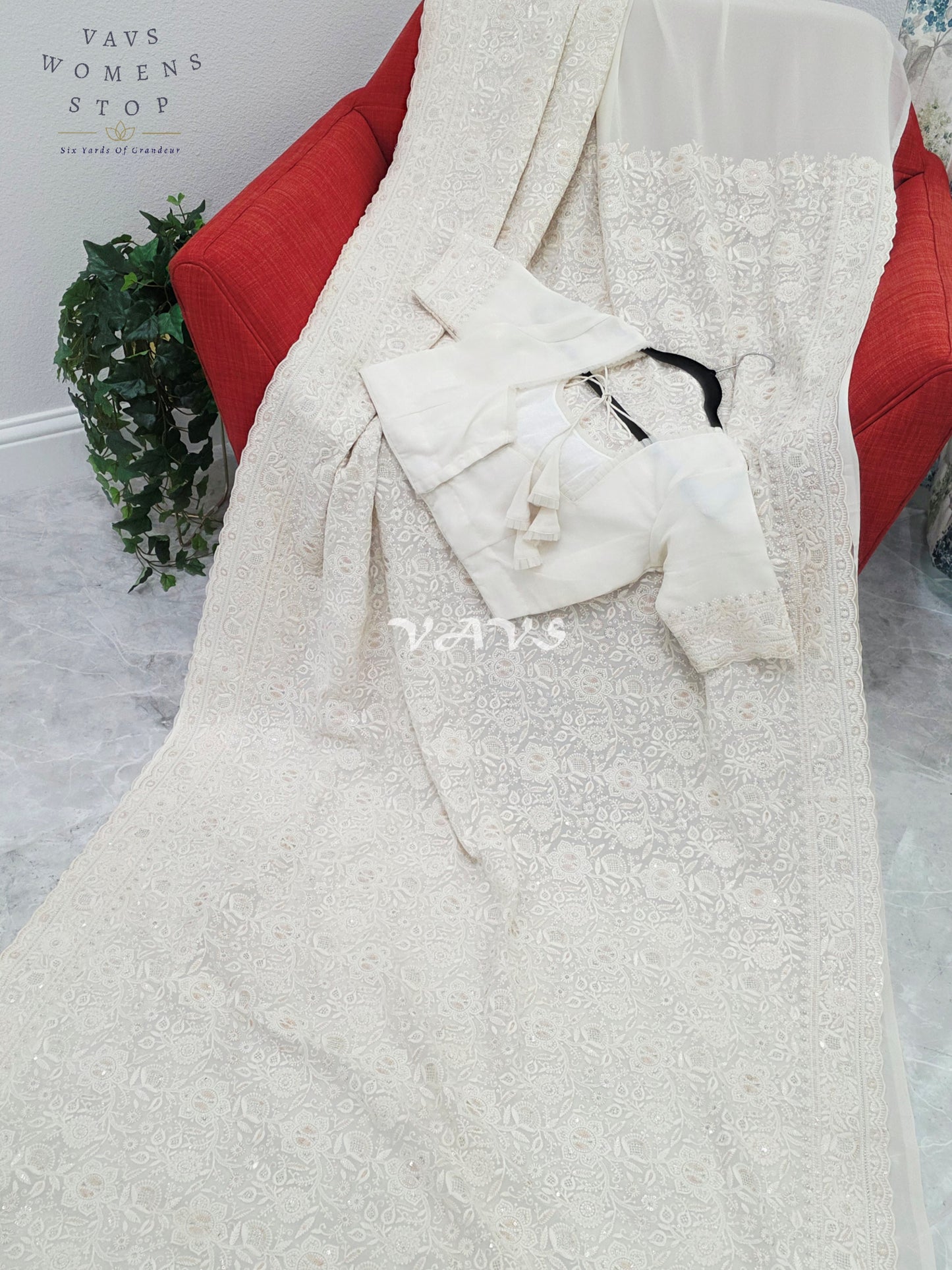 Royal Pearl White Viscose Georgette Chikankari Embroidered Sequins Saree with Designer Stitched Blouse