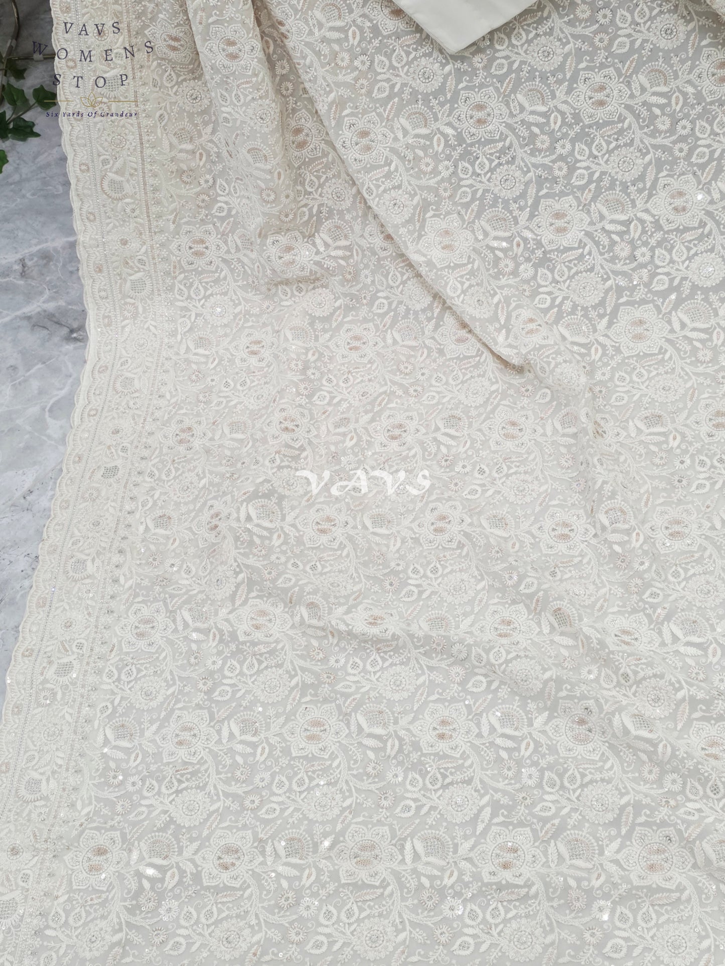 Royal Pearl White Viscose Georgette Chikankari Embroidered Sequins Saree with Designer Stitched Blouse